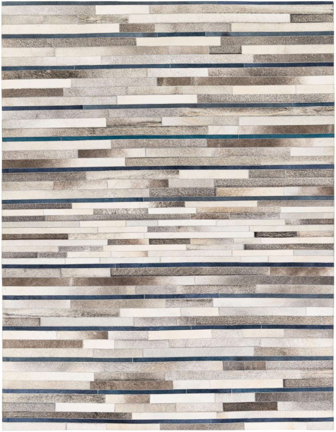 A 5x8 rectangular Cowhide Stocks rug featuring a modern striped pattern in multi-colored natural cowhide and leather.