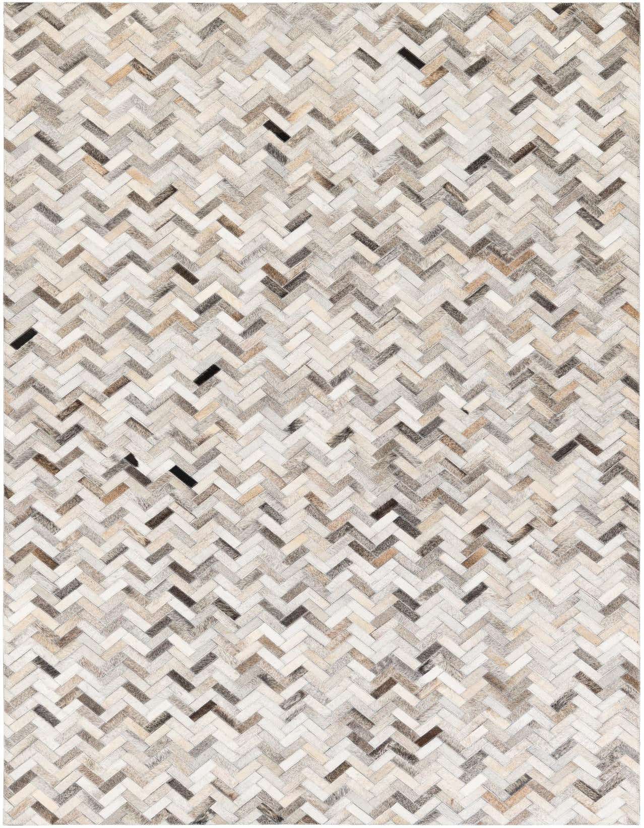 A 5x8 rectangular Cowhide Stocks rug featuring a modern multi-colored herringbone pattern in shades of white, beige, brown, and gray.