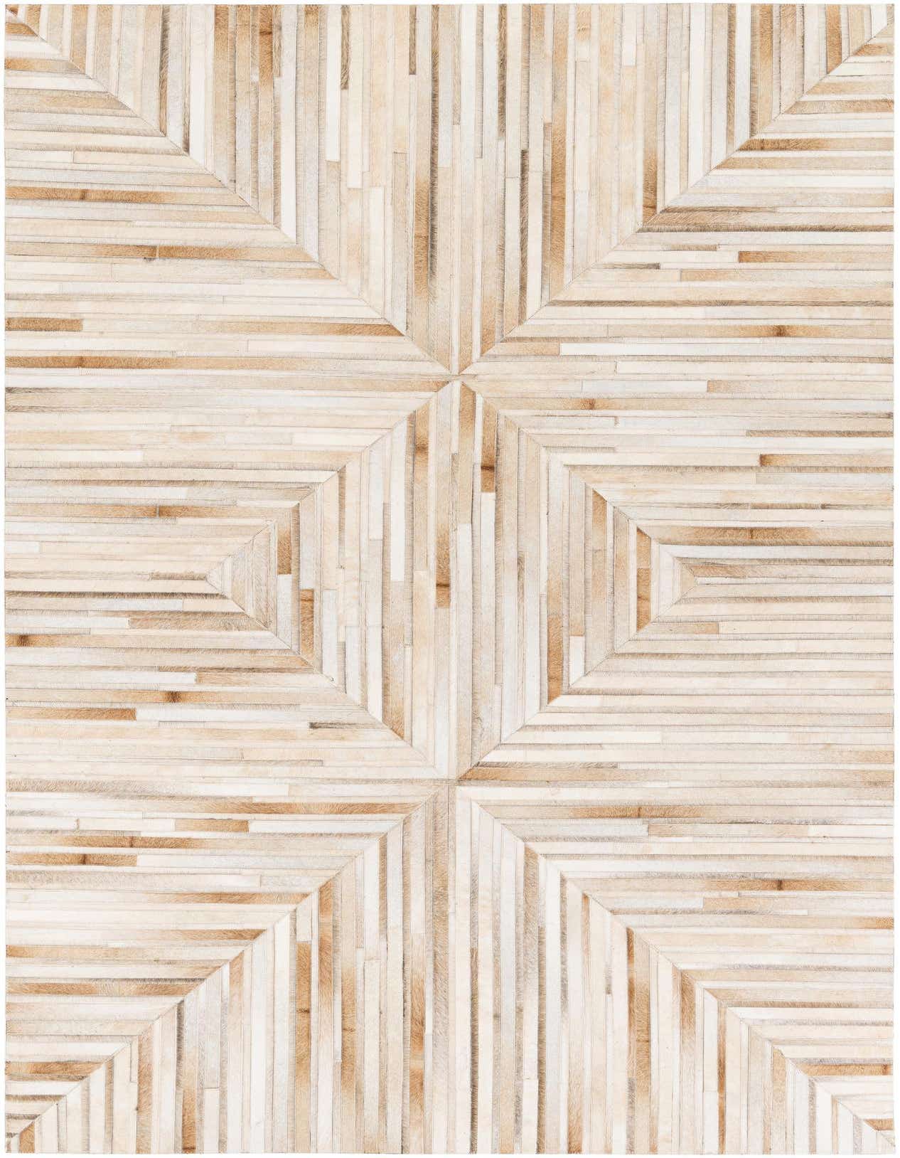 A 5x8 rectangular cowhide rug featuring a modern geometric pattern in multi-colored natural tones, ideal for a living room.