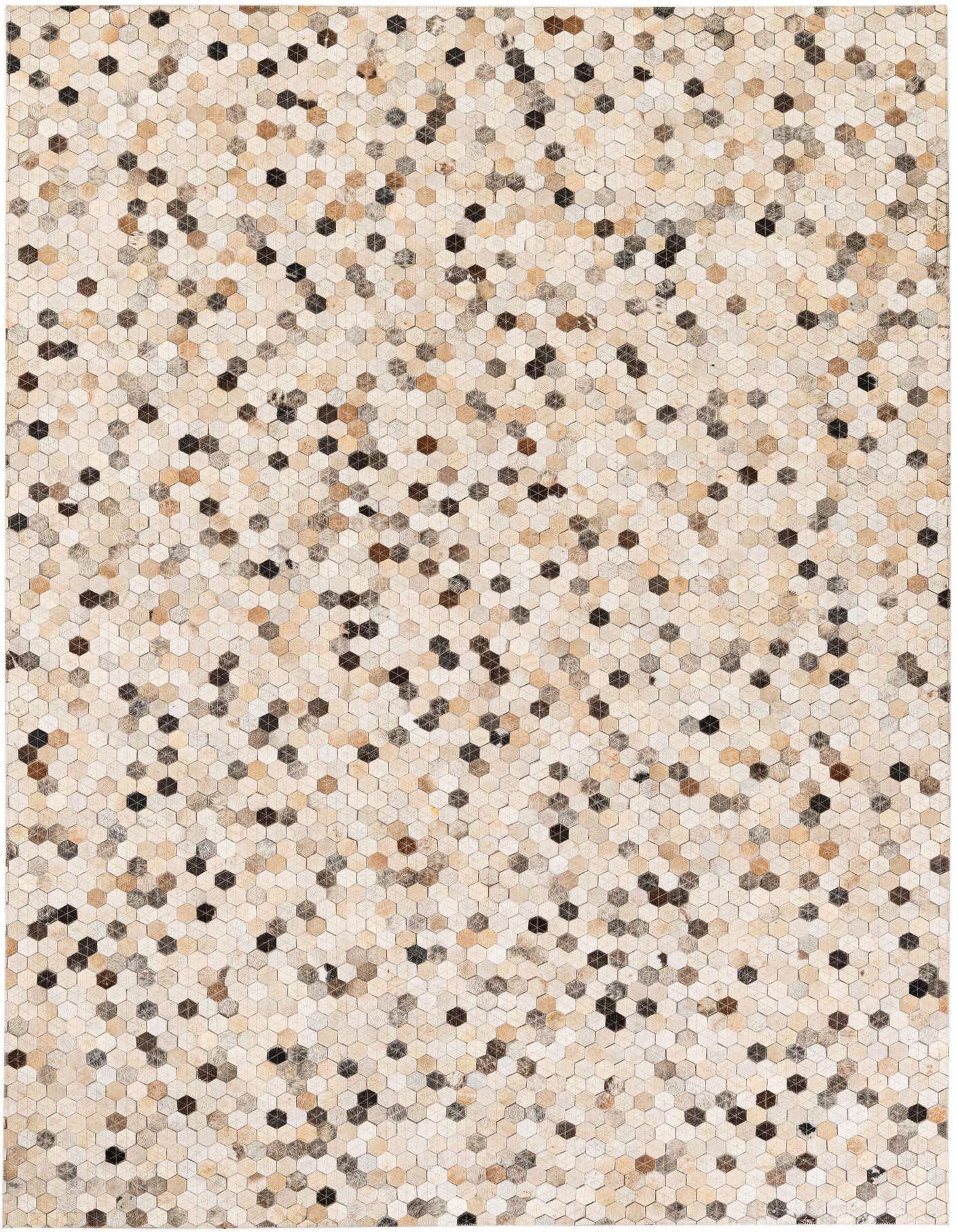 A 5x8 rectangular Cowhide Stocks rug featuring a modern mosaic pattern of multi-colored hexagonal cowhide and leather pieces.