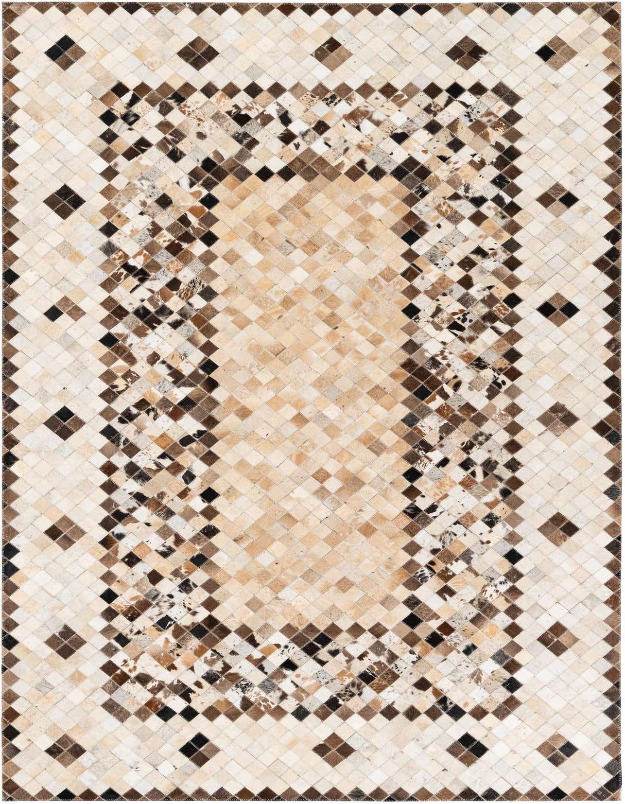 A rectangular 5x8 modern cowhide rug with a multi-colored patchwork pattern in shades of brown, beige, and white.