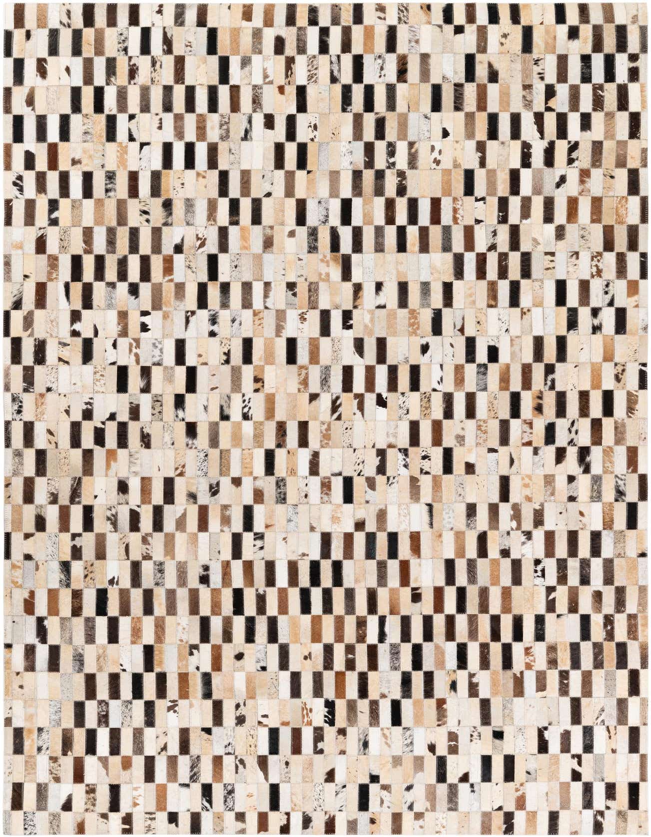 A 5x8 rectangular Cowhide Stocks rug by Rugs.com, featuring a modern patchwork of multi-colored cowhide and leather squares in brown, black, and cream tones, ideal for a living room.