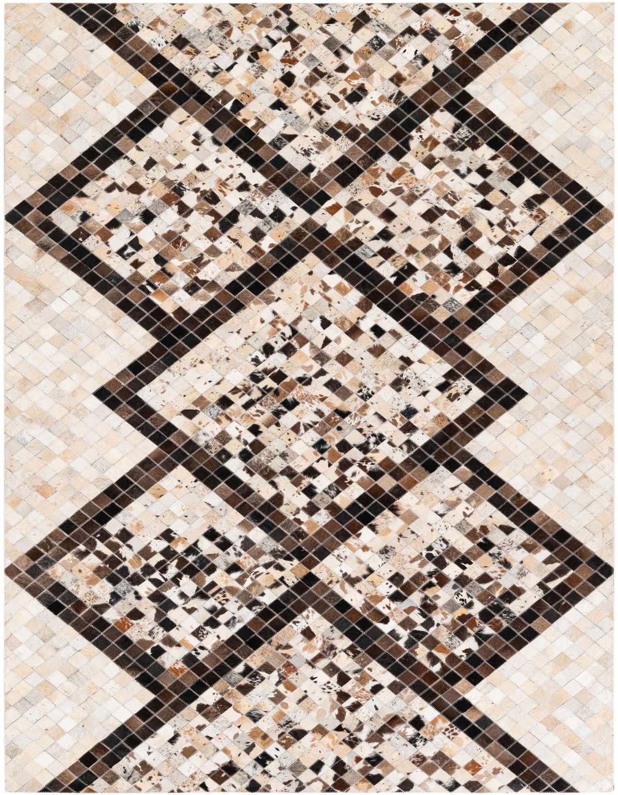 A rectangular 5x8 multi-colored cowhide rug with a modern geometric pattern of light and dark brown squares.