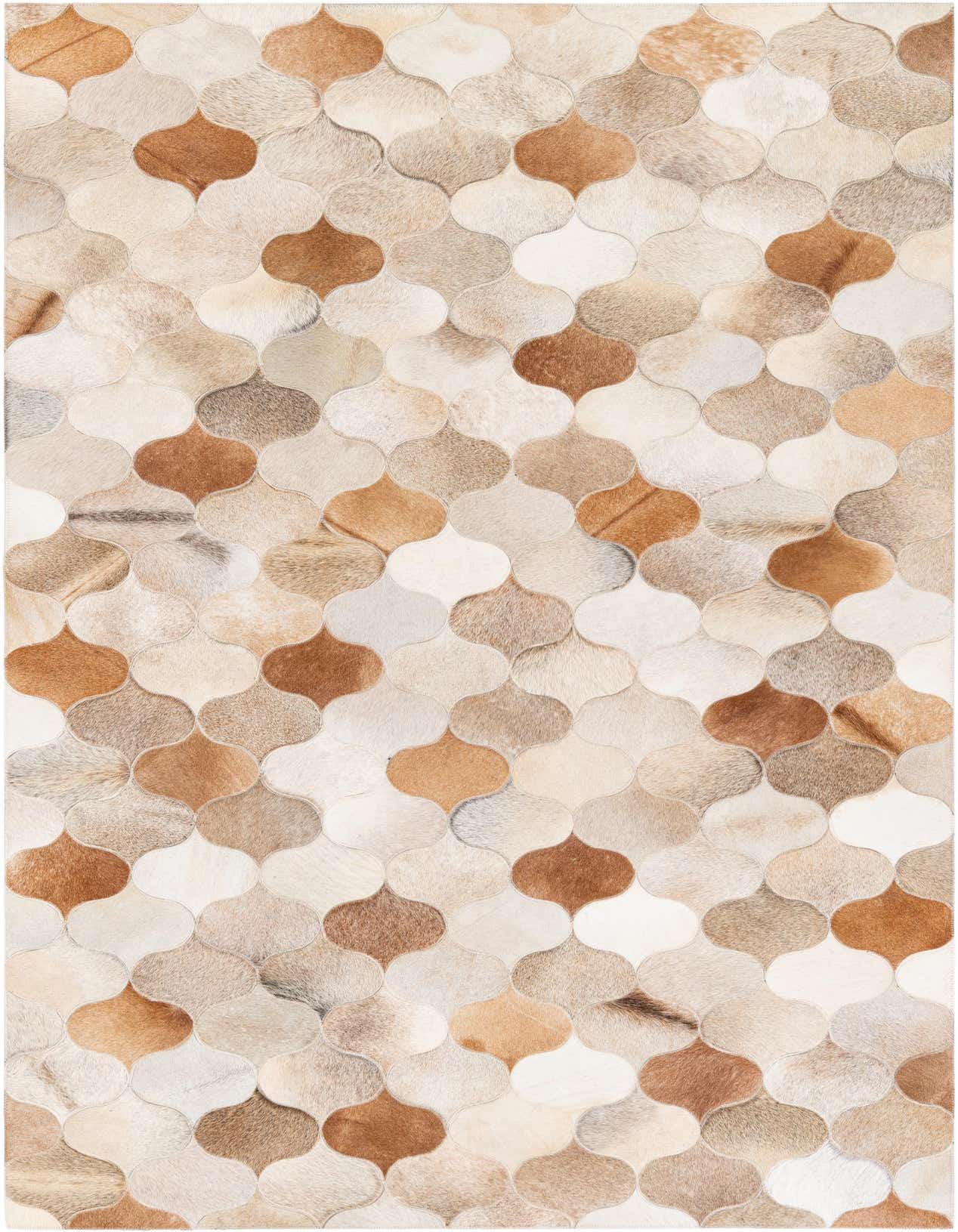 A 5x8 rectangular Cowhide Stocks rug featuring a modern multi-colored arabesque pattern in shades of brown, tan, and cream.