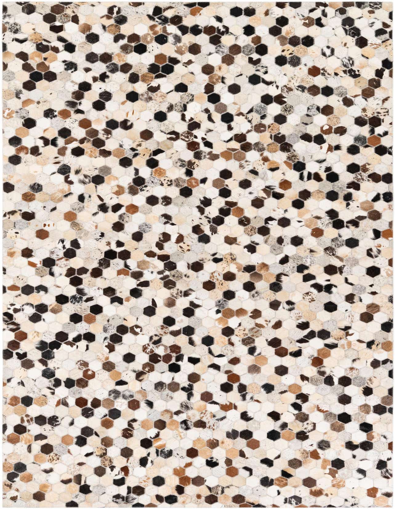 A rectangular 5x8 modern cowhide rug with a multi-colored hexagonal patchwork pattern in shades of brown, black, and cream.