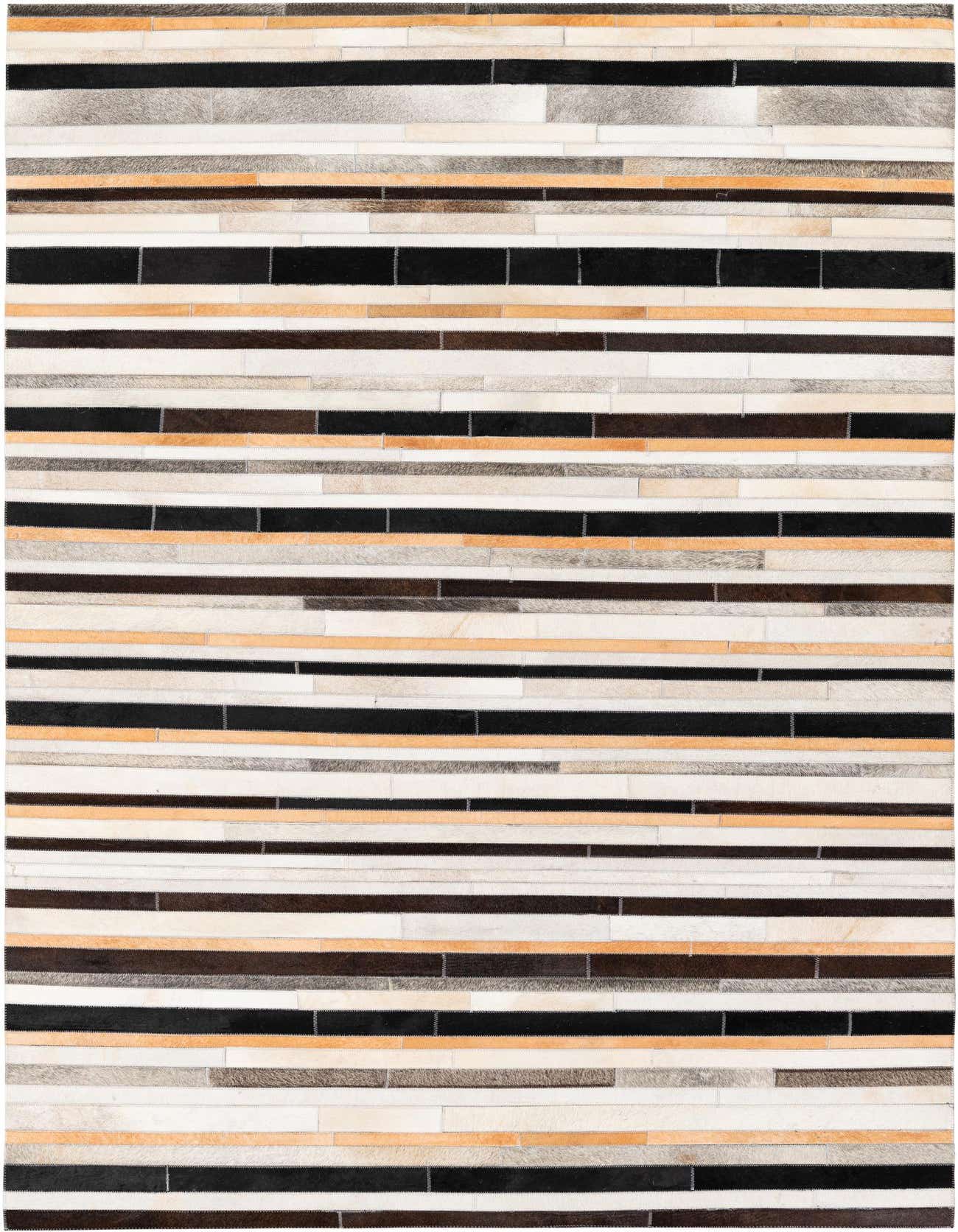 A 5x8 rectangular Cowhide Stocks rug featuring horizontal stripes in black, white, brown, and light orange, showcasing its modern, multi-colored design.