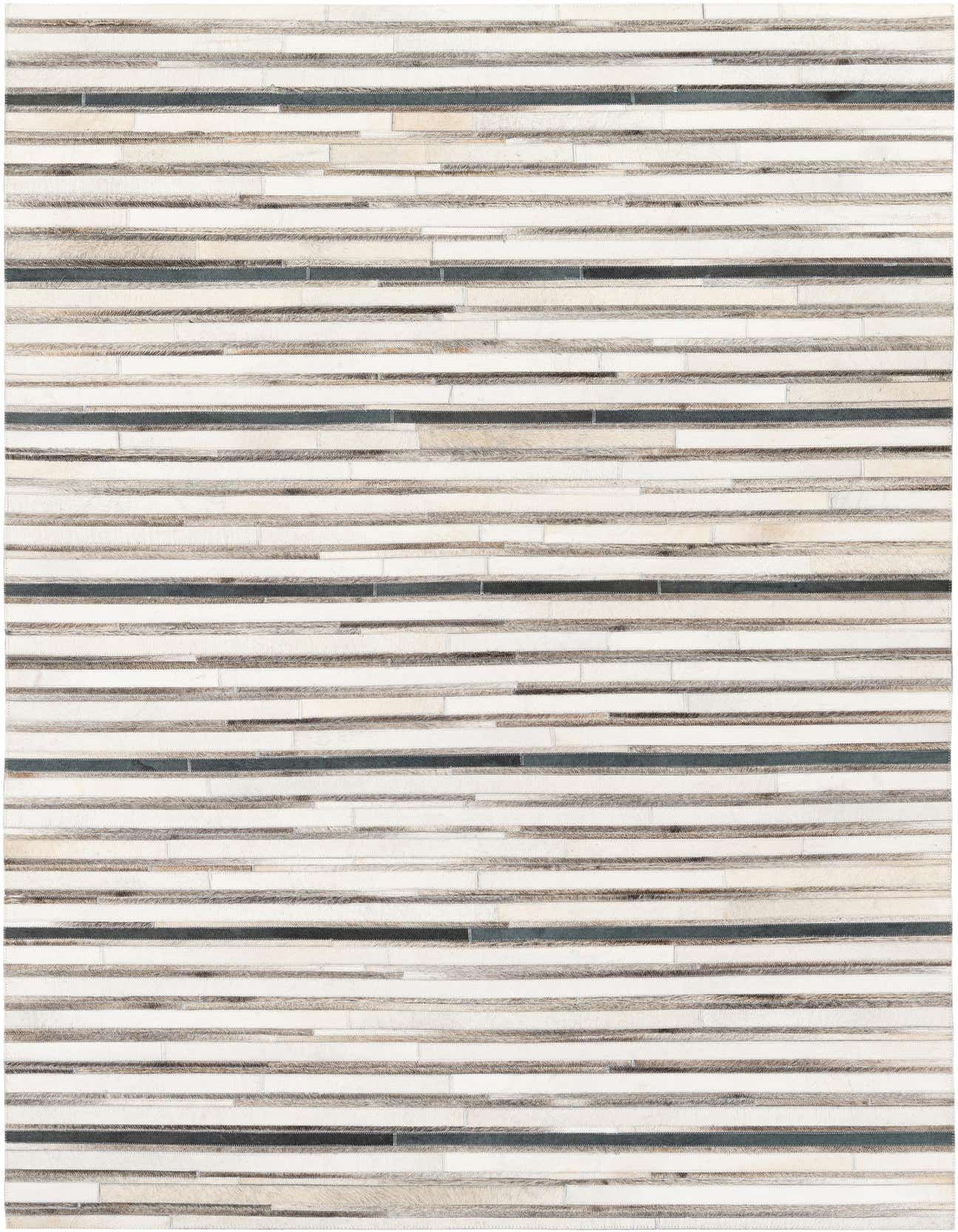 A 5x8 rectangular Cowhide Stocks rug featuring a modern stripe pattern in multi-colored natural cowhide and leather.