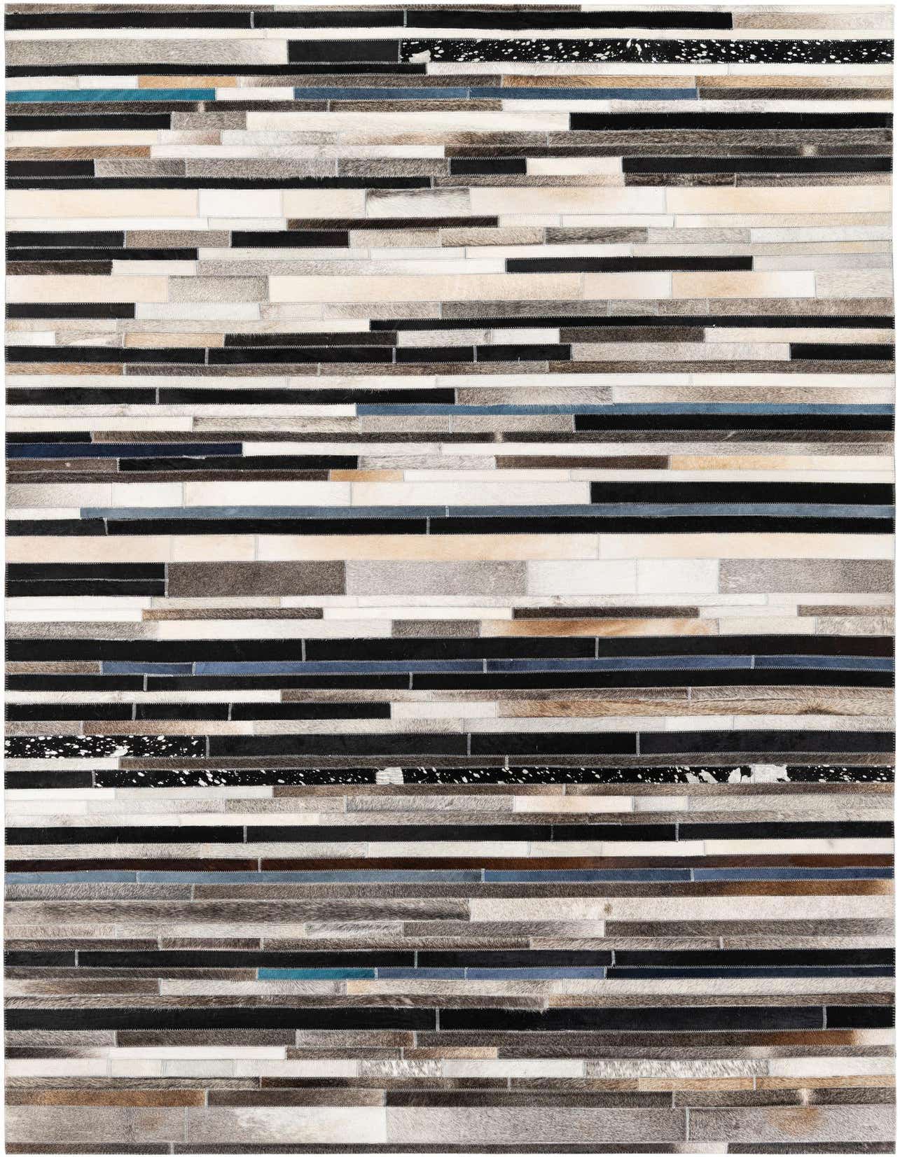 A rectangular 5x8 modern cowhide rug with a multi-colored stripe pattern in black, white, brown, gray, and blue tones.