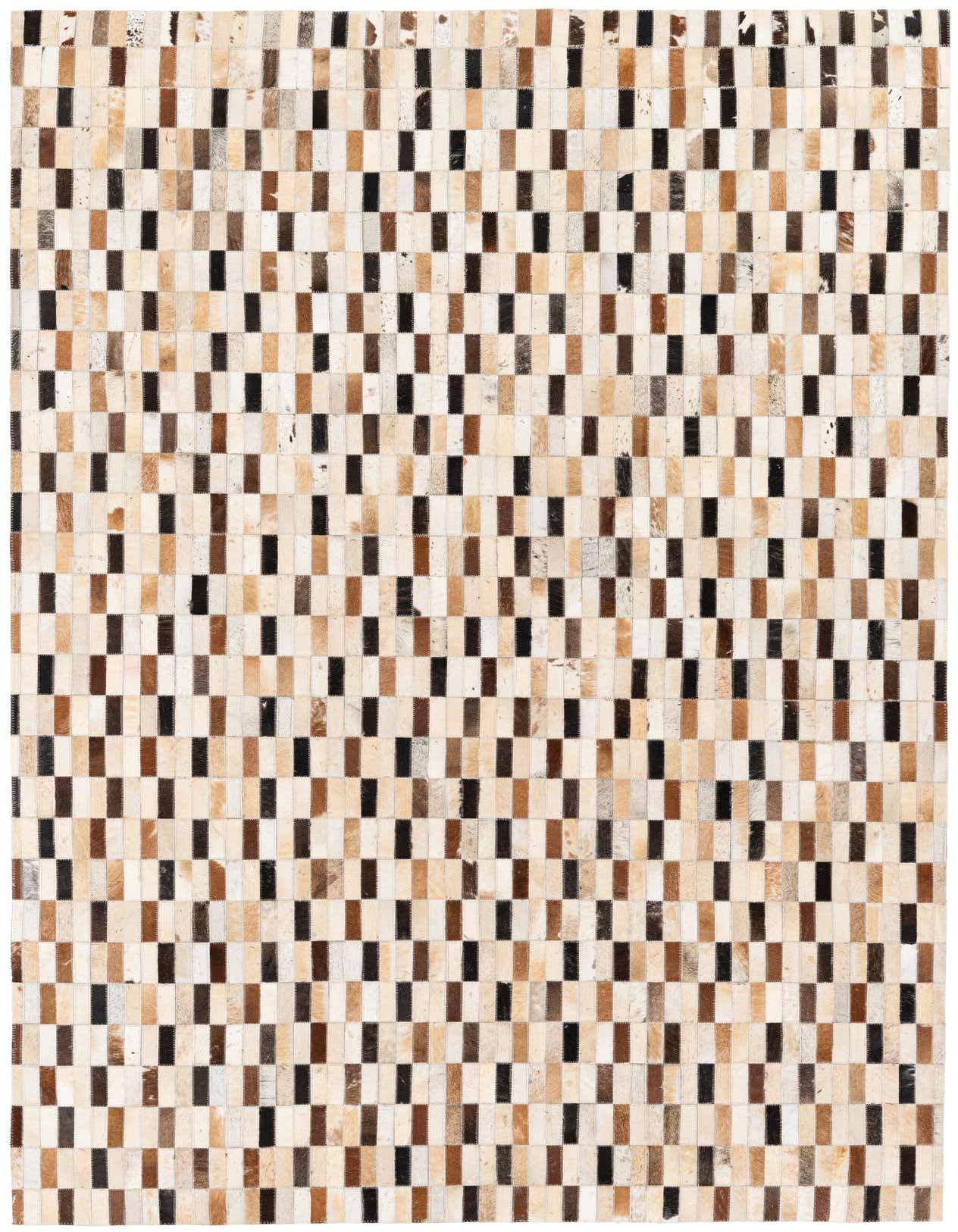 A rectangular 5x8 modern cowhide rug with a multi-colored stripe pattern in shades of cream, brown, and black.