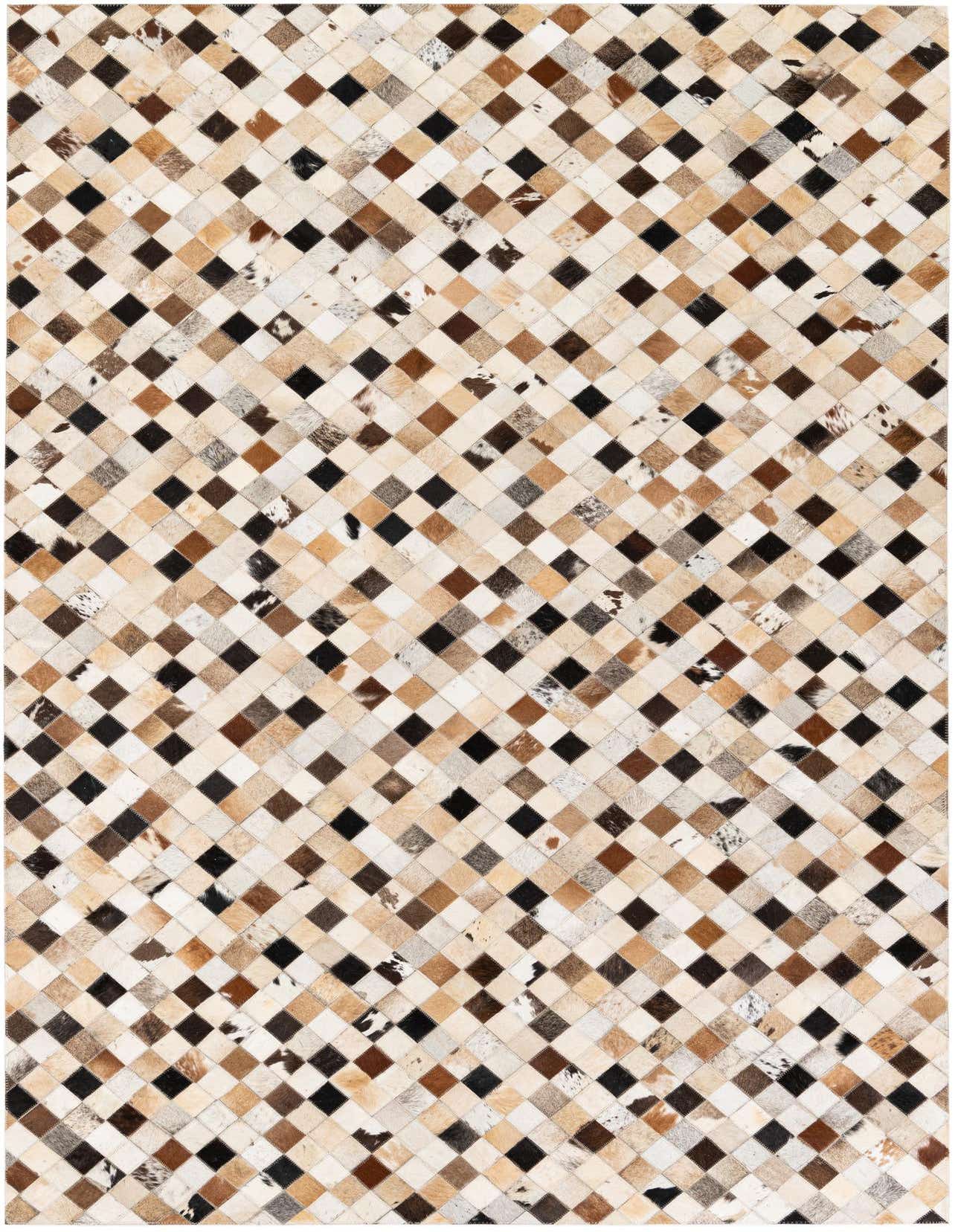 A 5x8 rectangular Cowhide Stocks rug featuring a modern multi-colored patchwork diamond pattern in various natural cowhide shades.
