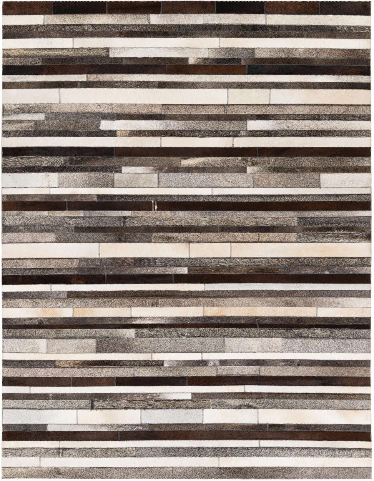 A 5x8 rectangular Cowhide Stocks rug featuring a modern stripe pattern in multi-colored natural cowhide and leather.