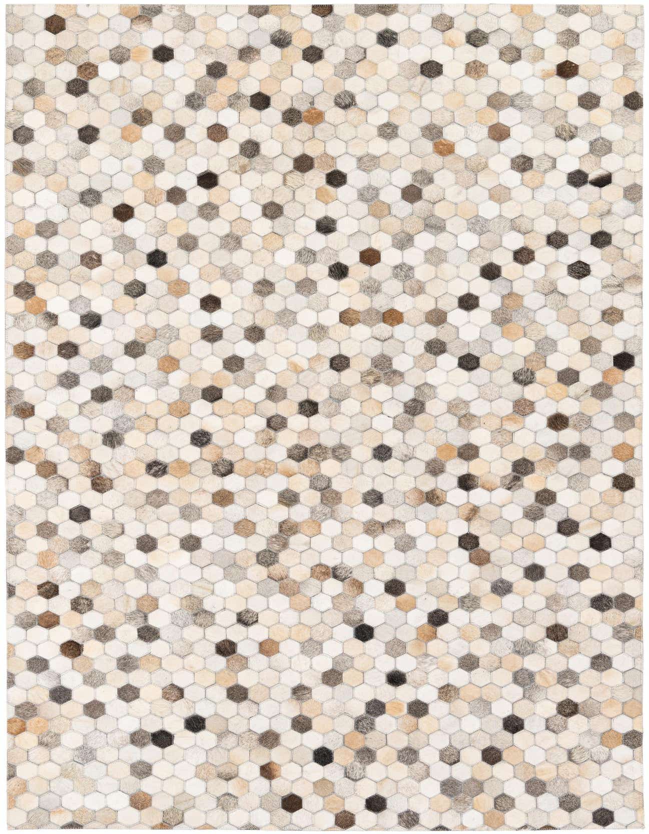 A 5x8 rectangular Cowhide Stocks rug featuring a modern, multi-colored hexagonal pattern in various shades of brown, beige, and cream.