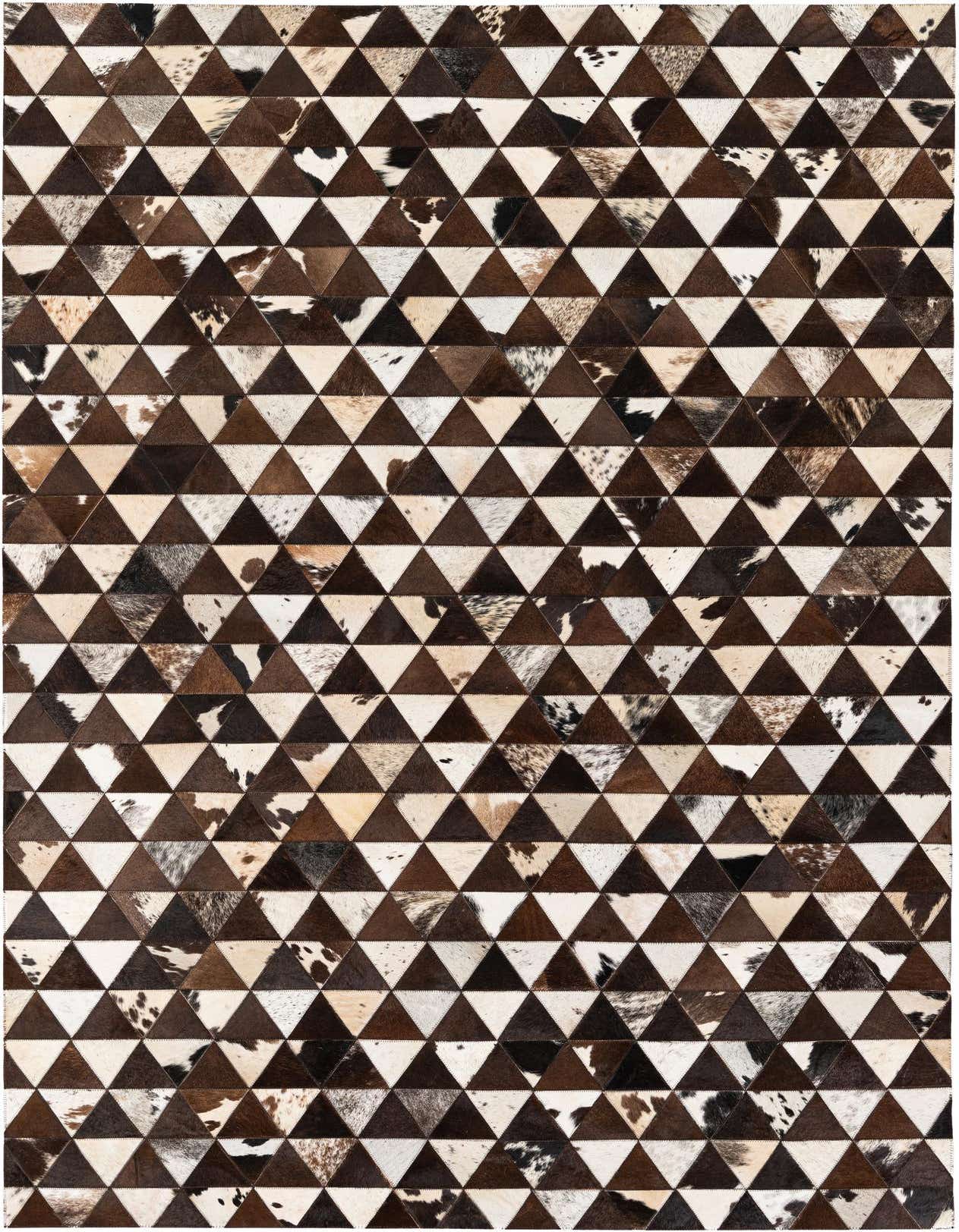 A 5x8 rectangular Cowhide Stocks rug featuring a modern geometric pattern of multi-colored cowhide and leather triangles in various shades of brown, black, and white.