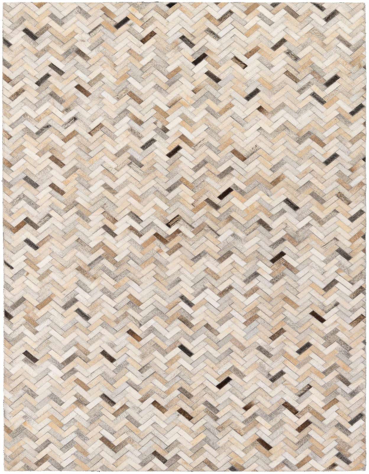 A rectangular 5x8 multi-colored cowhide rug with a modern herringbone stripe pattern, ideal for a living room.