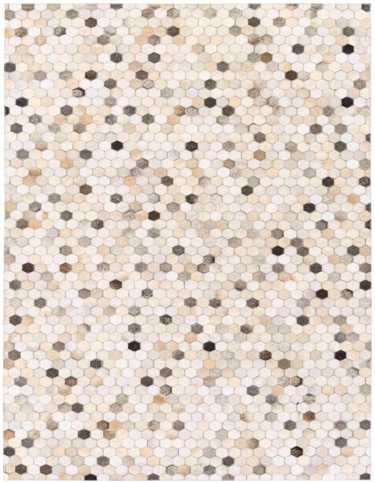 A rectangular 5x8 Cowhide Stocks rug featuring a modern honeycomb pattern in multi-colored natural cowhide and leather.