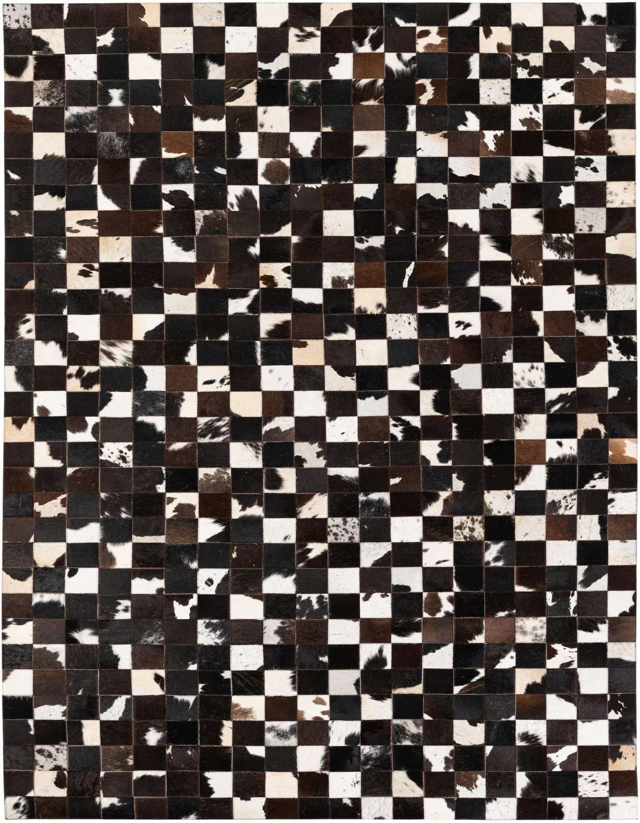 A 5x8 rectangular Cowhide Stocks rug featuring a modern multi-colored checkerboard pattern of natural cowhide patches.
