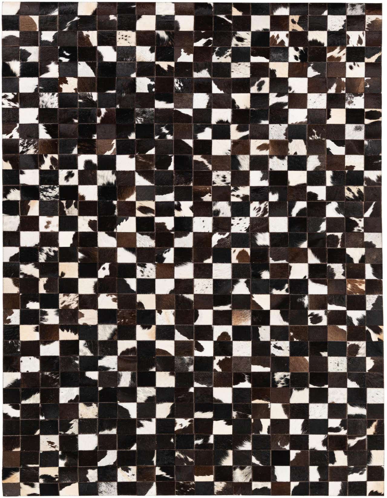 A rectangular 5x8 modern cowhide rug featuring a checkerboard pattern of multi-colored squares in black, white, and brown.
