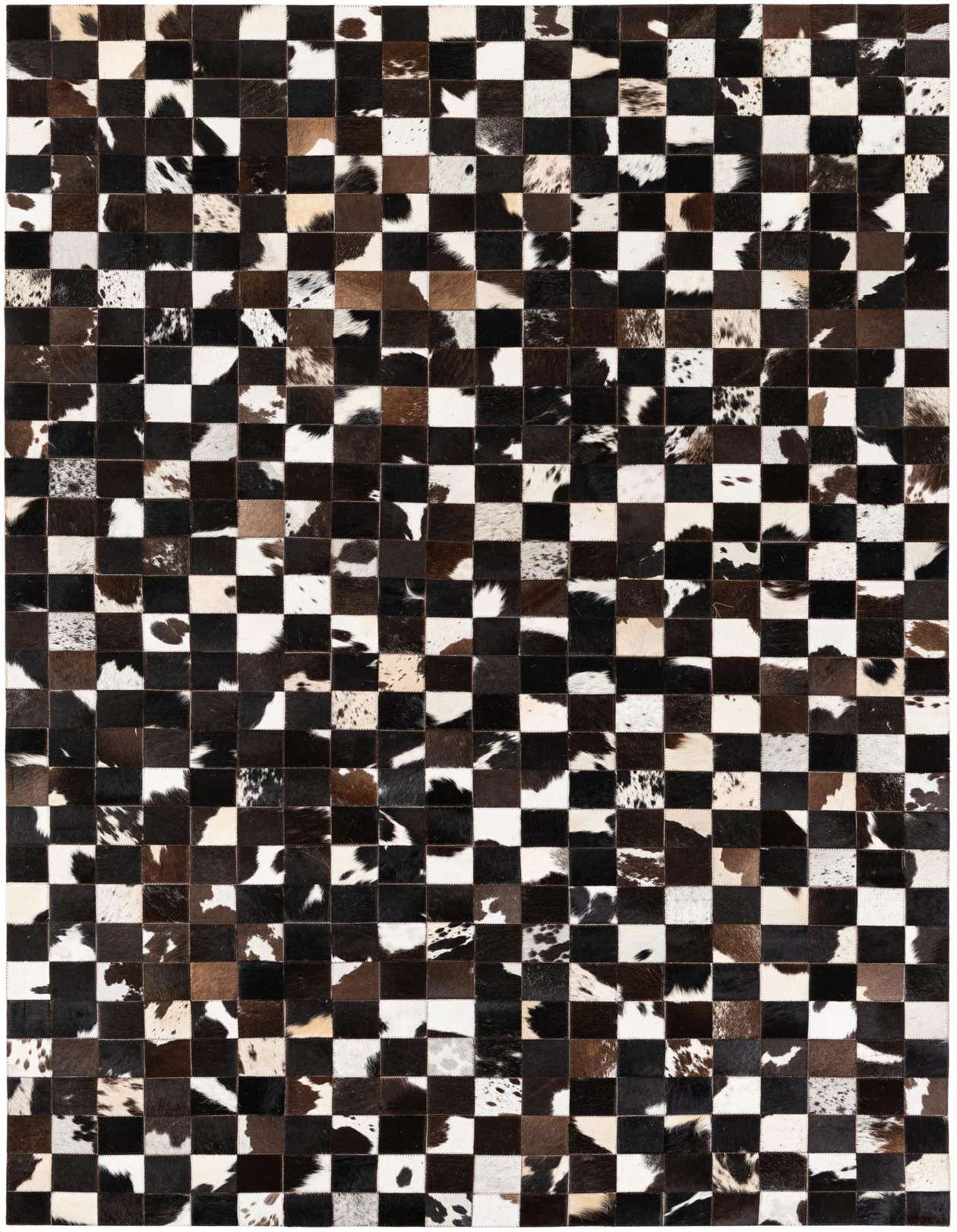 A 5x8 rectangular Cowhide Stocks rug from Rugs.com featuring a modern checkerboard pattern of multi-colored cowhide and leather squares.