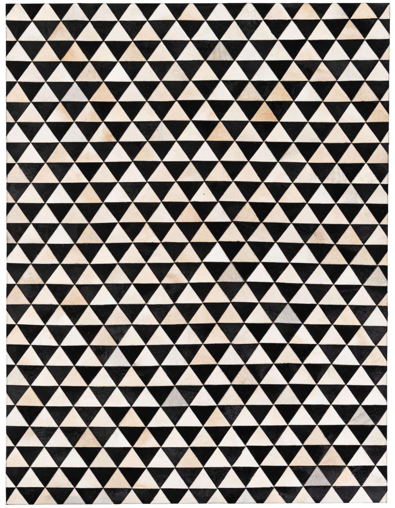 A 5x8 rectangular Cowhide Stocks rug from Rugs.com featuring a modern geometric pattern of alternating black and off-white triangles.