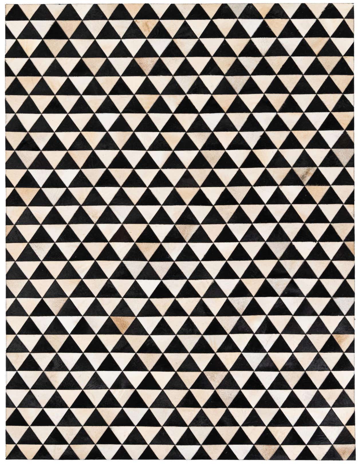 A 5x8 rectangular Cowhide Stocks rug featuring a modern geometric pattern of alternating black and cream triangular patches.