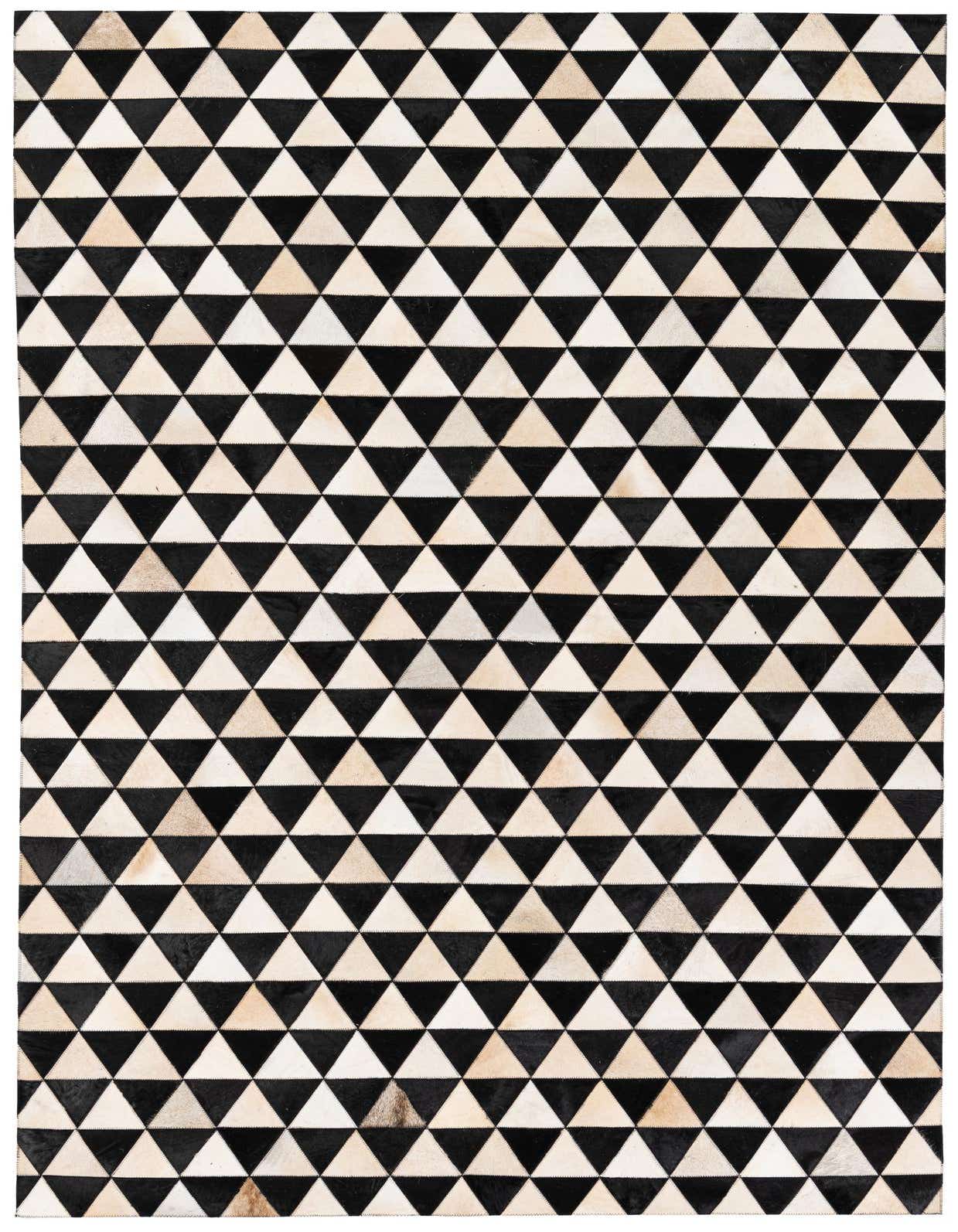 A 5x8 rectangular Cowhide Stocks rug from Rugs.com, featuring a modern geometric pattern of alternating black and off-white triangles.