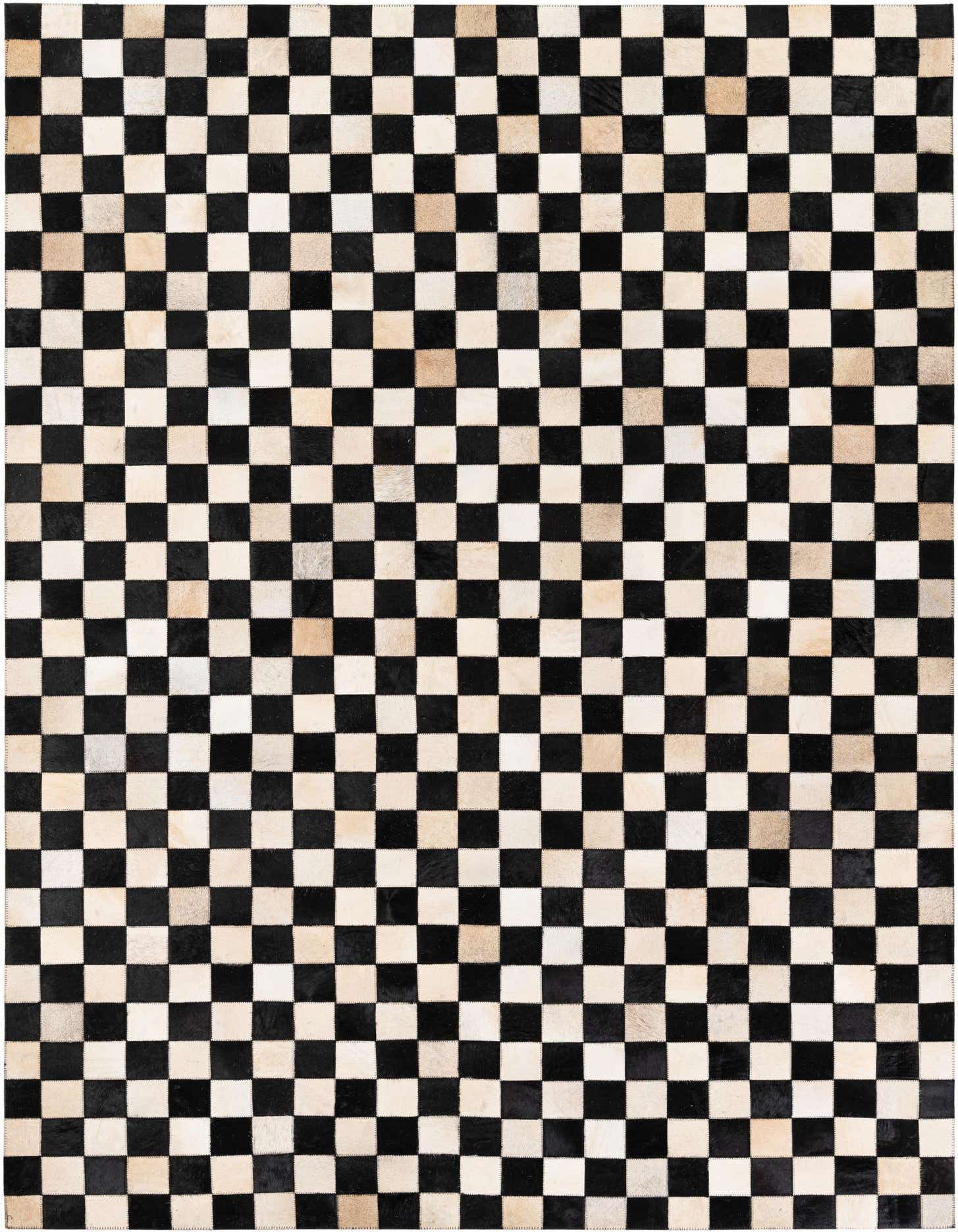 A 5x8 rectangular Cowhide Stocks rug from Rugs.com featuring a modern checkerboard pattern in black and natural multi-colored cowhide squares.