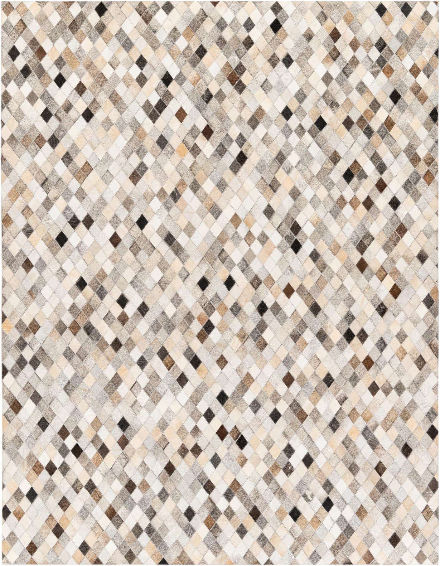 A 5x8 rectangular Cowhide Stocks rug featuring a modern multi-colored diamond pattern in various shades of brown, beige, and black.