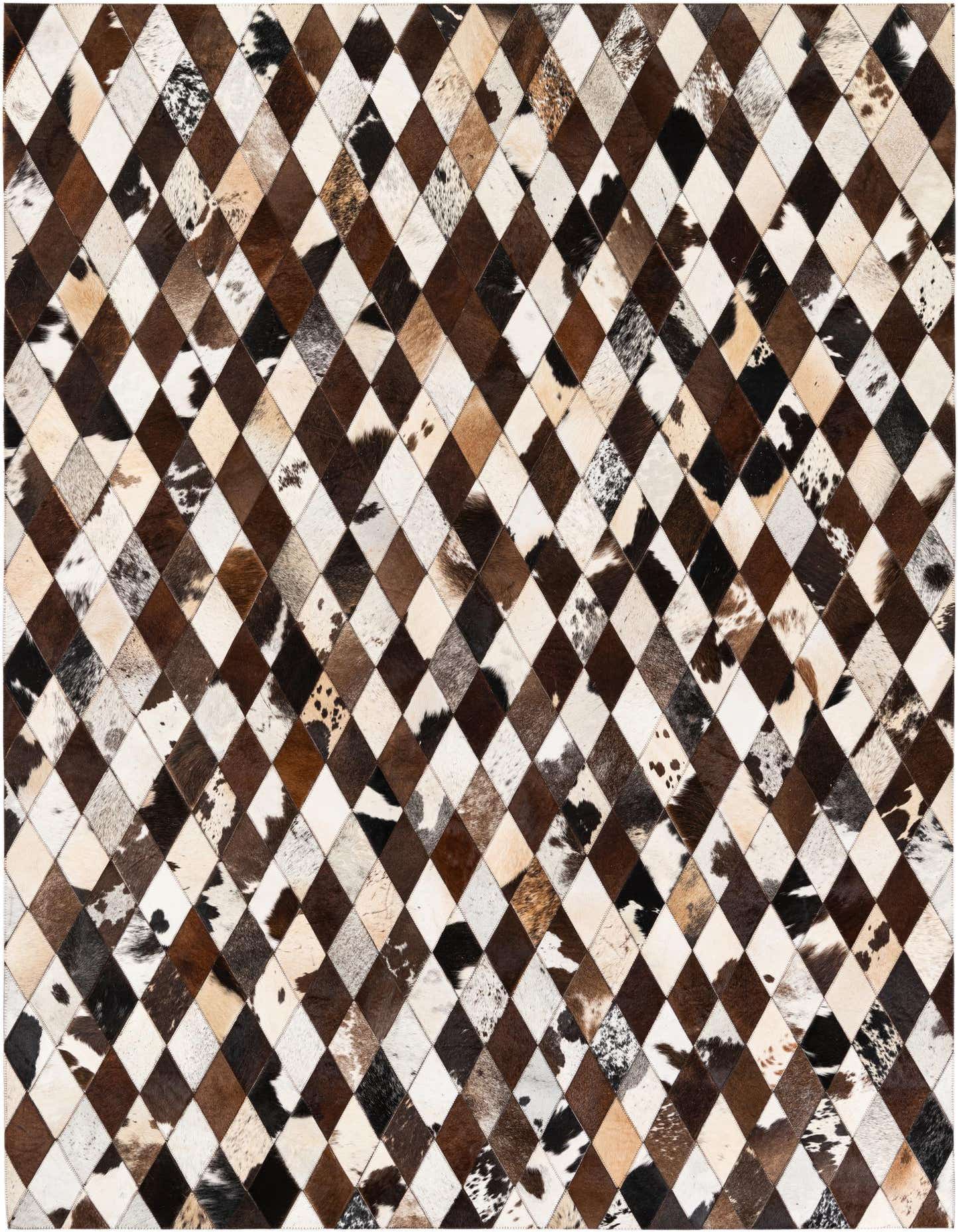 A 5x8 rectangular Cowhide Stocks rug featuring a modern diamond pattern in multi-colored natural cowhide patches.