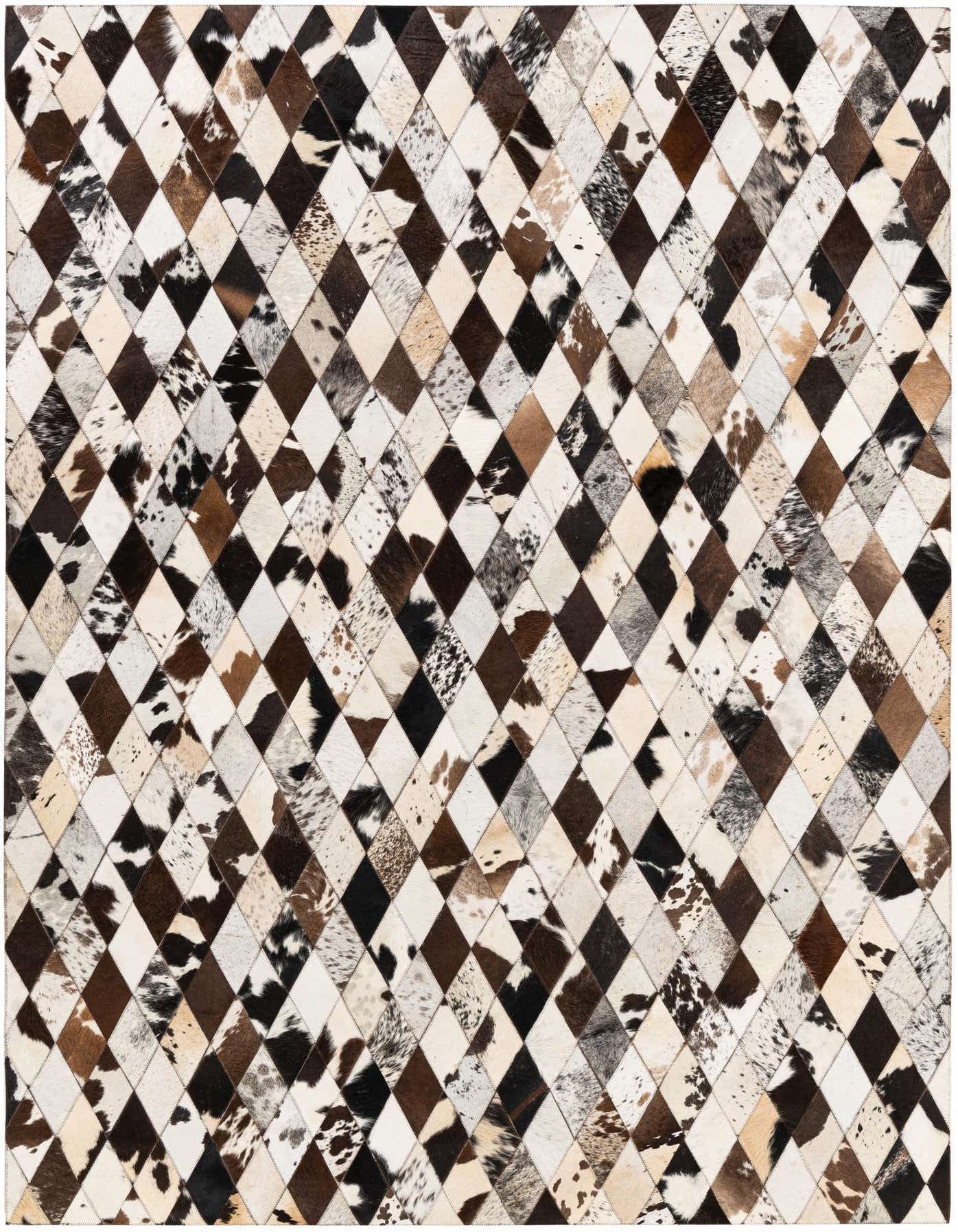 A 5x8 rectangular modern cowhide rug featuring a multi-colored diamond pattern in various shades of brown, black, and white.