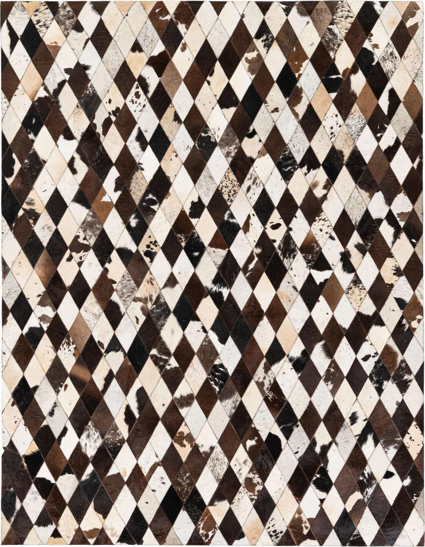 A 5x8 rectangular Cowhide Stocks rug featuring a modern diamond pattern in multi-colored cowhide and leather.