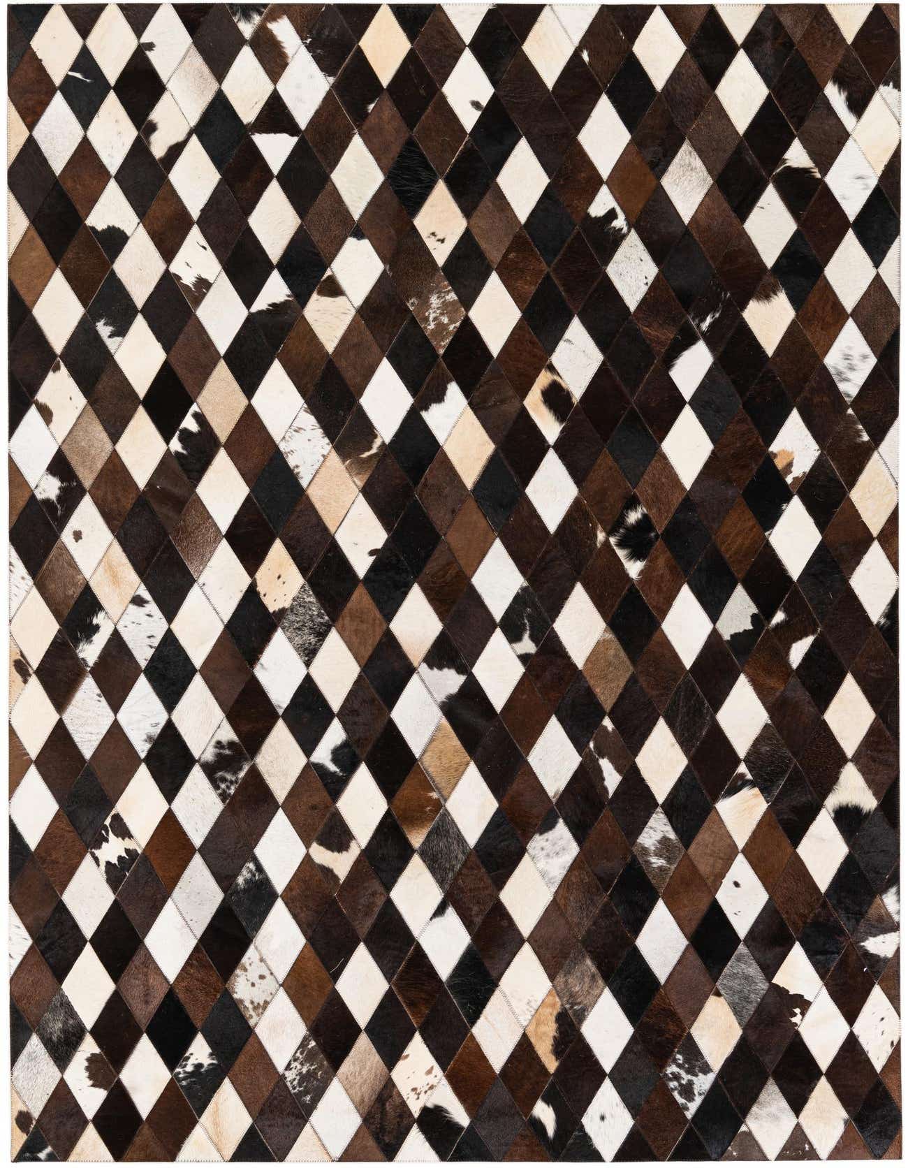 A 5x8 rectangular Cowhide Stocks rug featuring a modern diamond pattern in multi-colored natural cowhide patches.