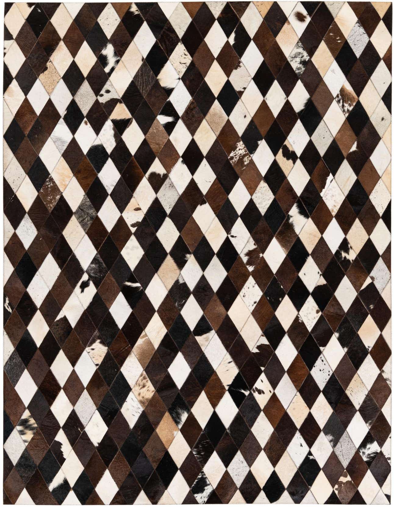 A 5x8 rectangular cowhide rug featuring a modern diamond pattern in multi-colored brown, black, and white patches.