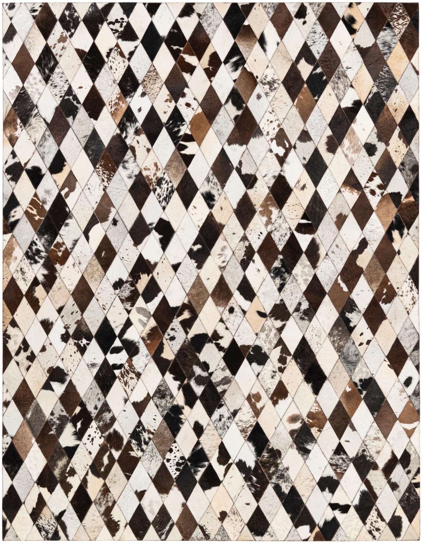 A 5x8 rectangular Cowhide Stocks rug featuring a modern diamond pattern in multi-colored natural cowhide patches, ideal for a living room.