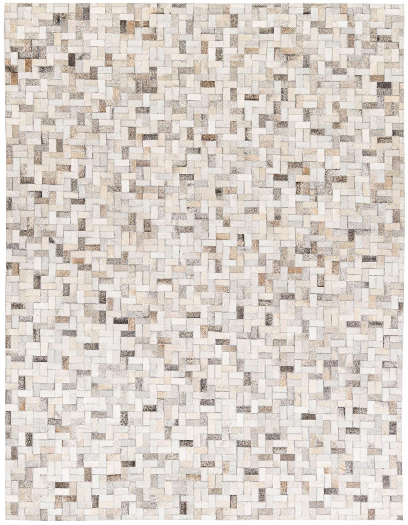 A rectangular 5x8 modern cowhide rug featuring a multi-colored patchwork design in various shades of brown, beige, and white.