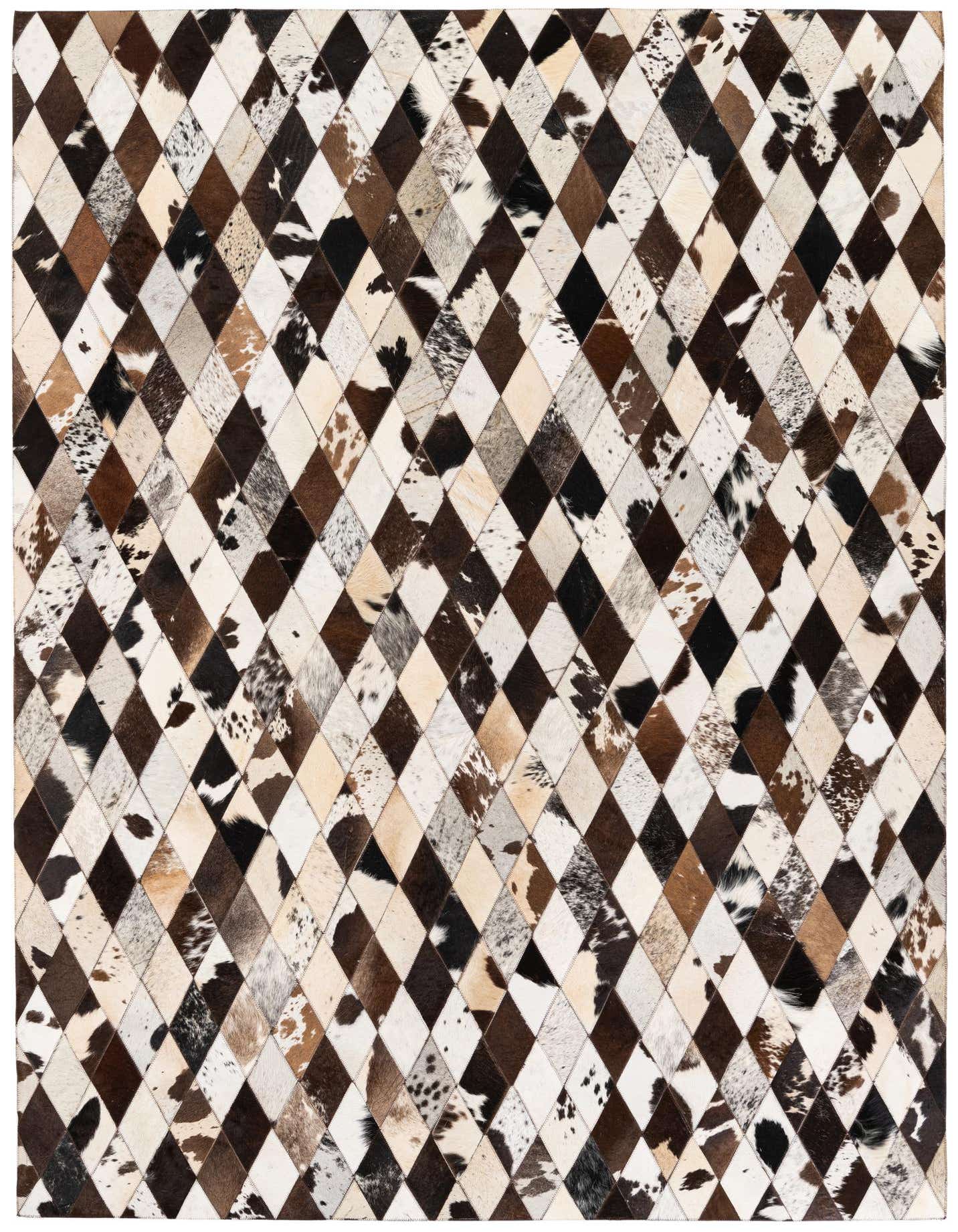A 5x8 rectangular Cowhide Stocks rug featuring a modern diamond patchwork pattern in multi-colored natural cowhide and leather.