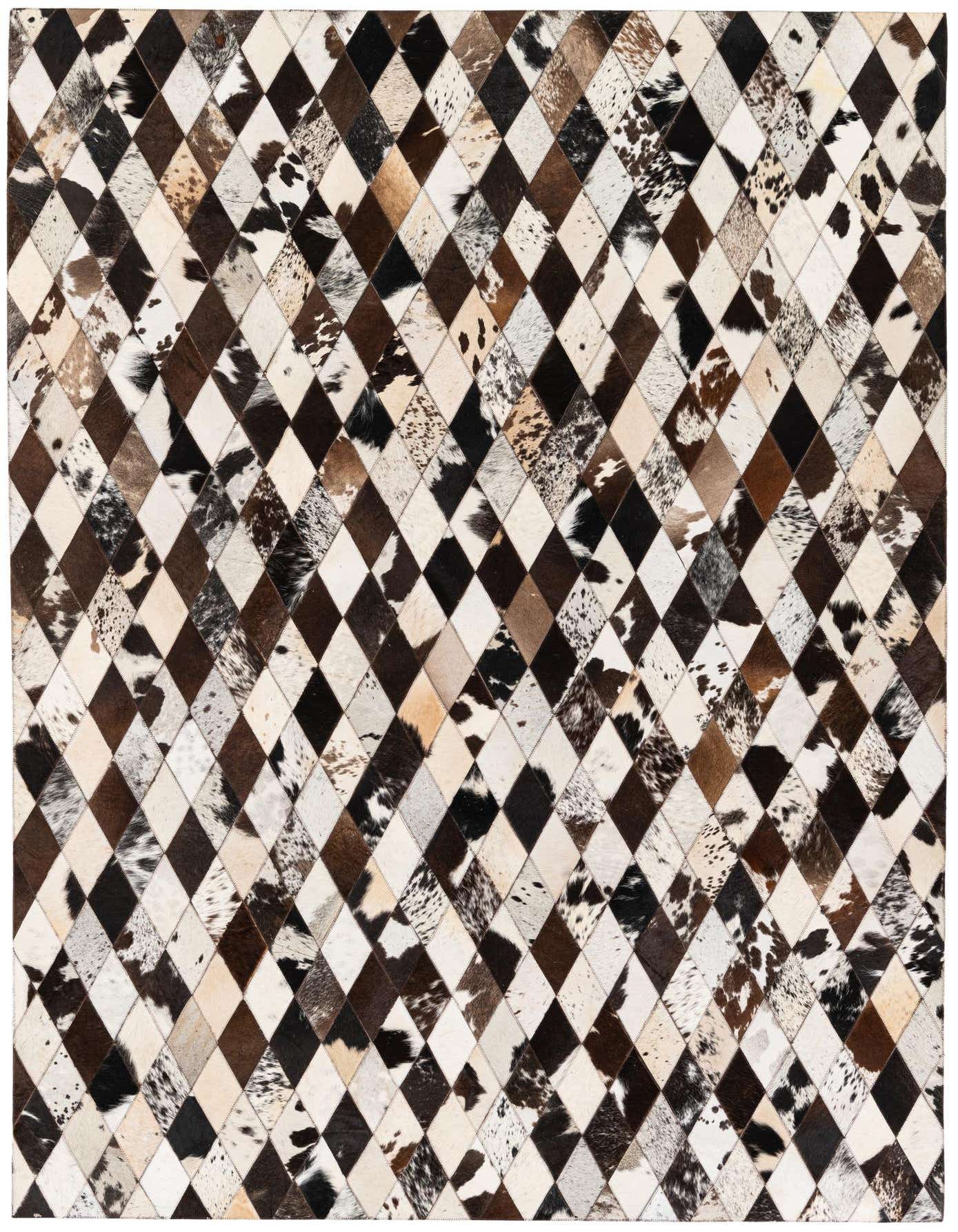 A 5x8 rectangular Cowhide Stocks rug featuring a modern diamond pattern in multi-colored natural cowhide and leather patches.