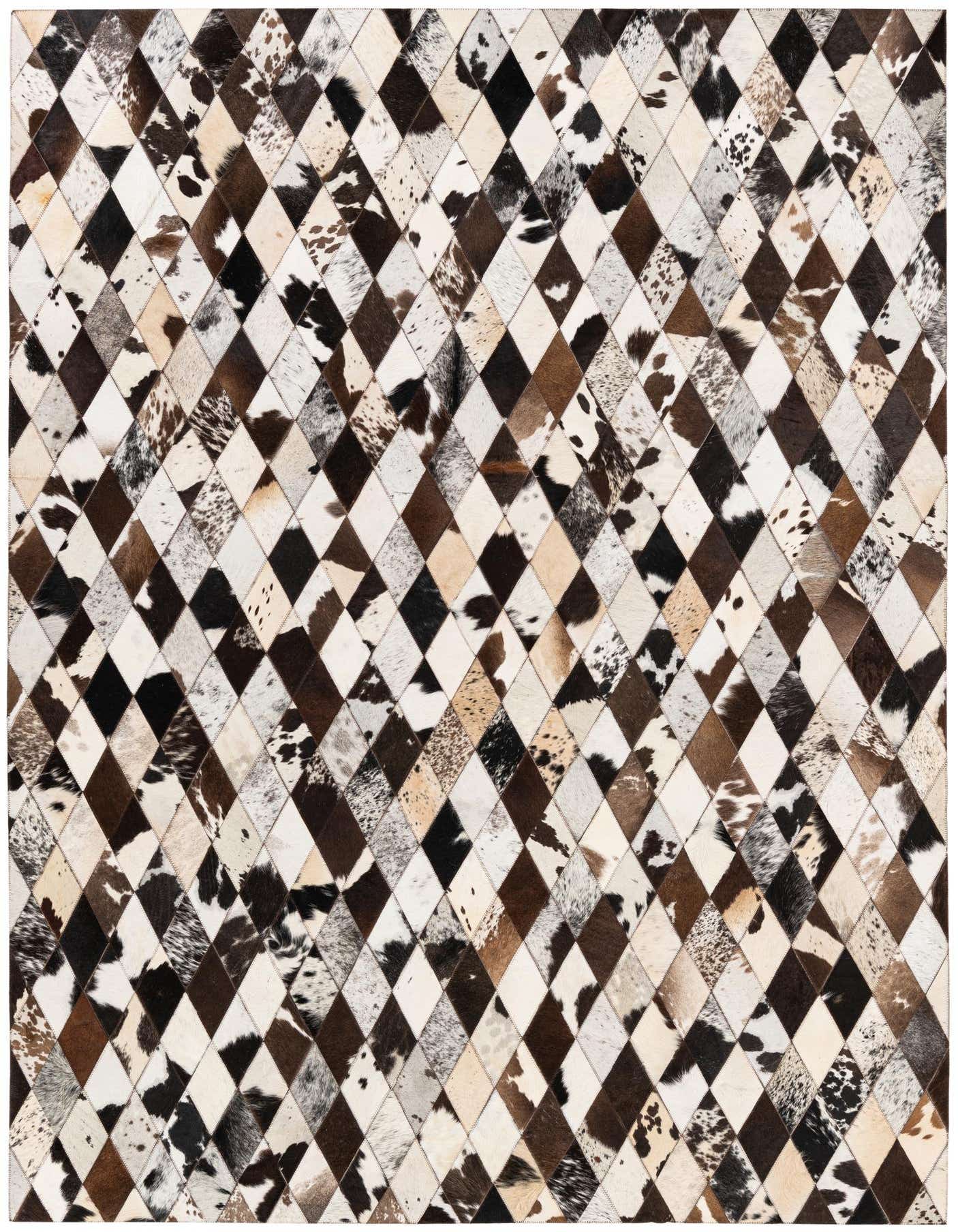 A 5x8 rectangular modern cowhide rug with a multi-colored diamond patchwork pattern, featuring shades of brown, black, and white.