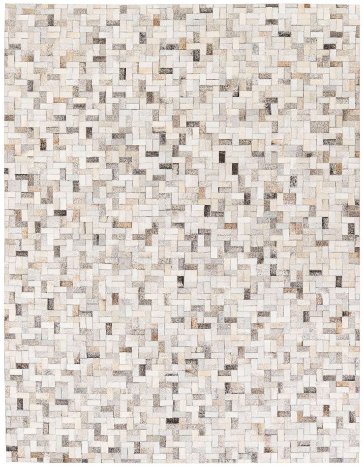 A 5x8 rectangular Cowhide Stocks rug from Rugs.com, featuring a modern patchwork of multi-colored cowhide and leather rectangles in various shades of white, beige, brown, and gray.