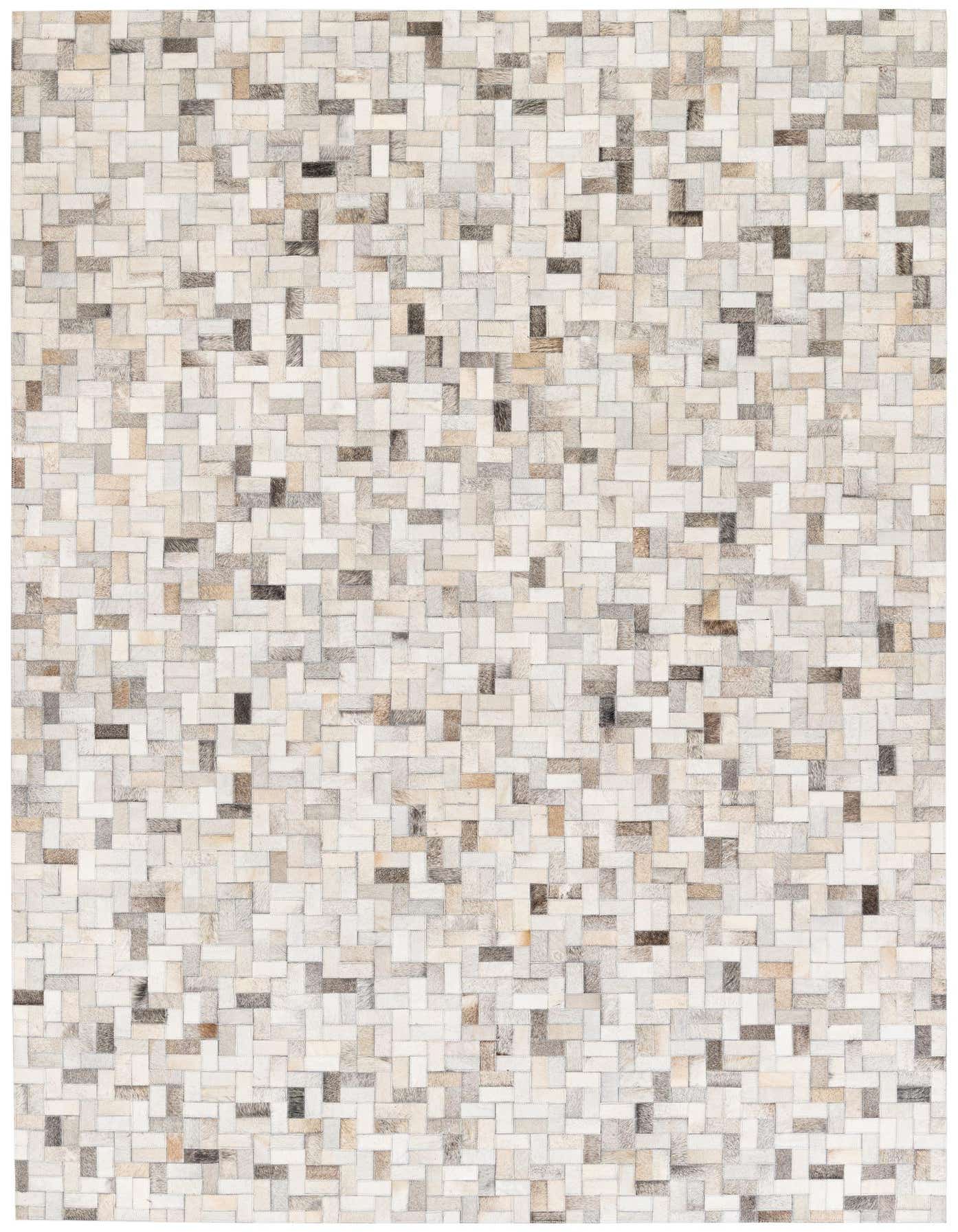 A 5x8 rectangular modern cowhide rug with a multi-colored patchwork design in various shades of white, beige, and brown.