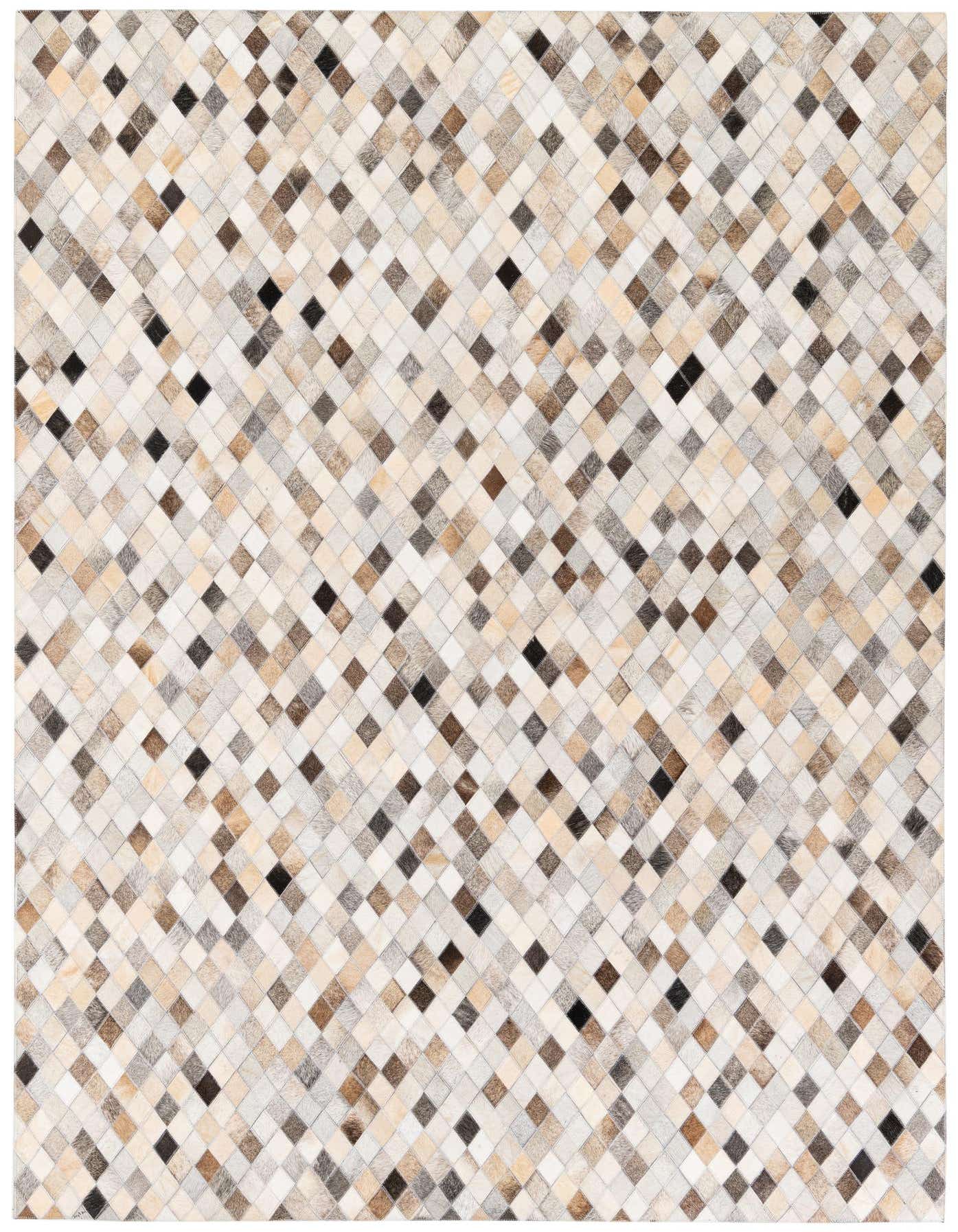 A 5x8 rectangular Cowhide Stocks rug from Rugs.com, featuring a modern multi-colored diamond pattern in various shades of brown, beige, and black.