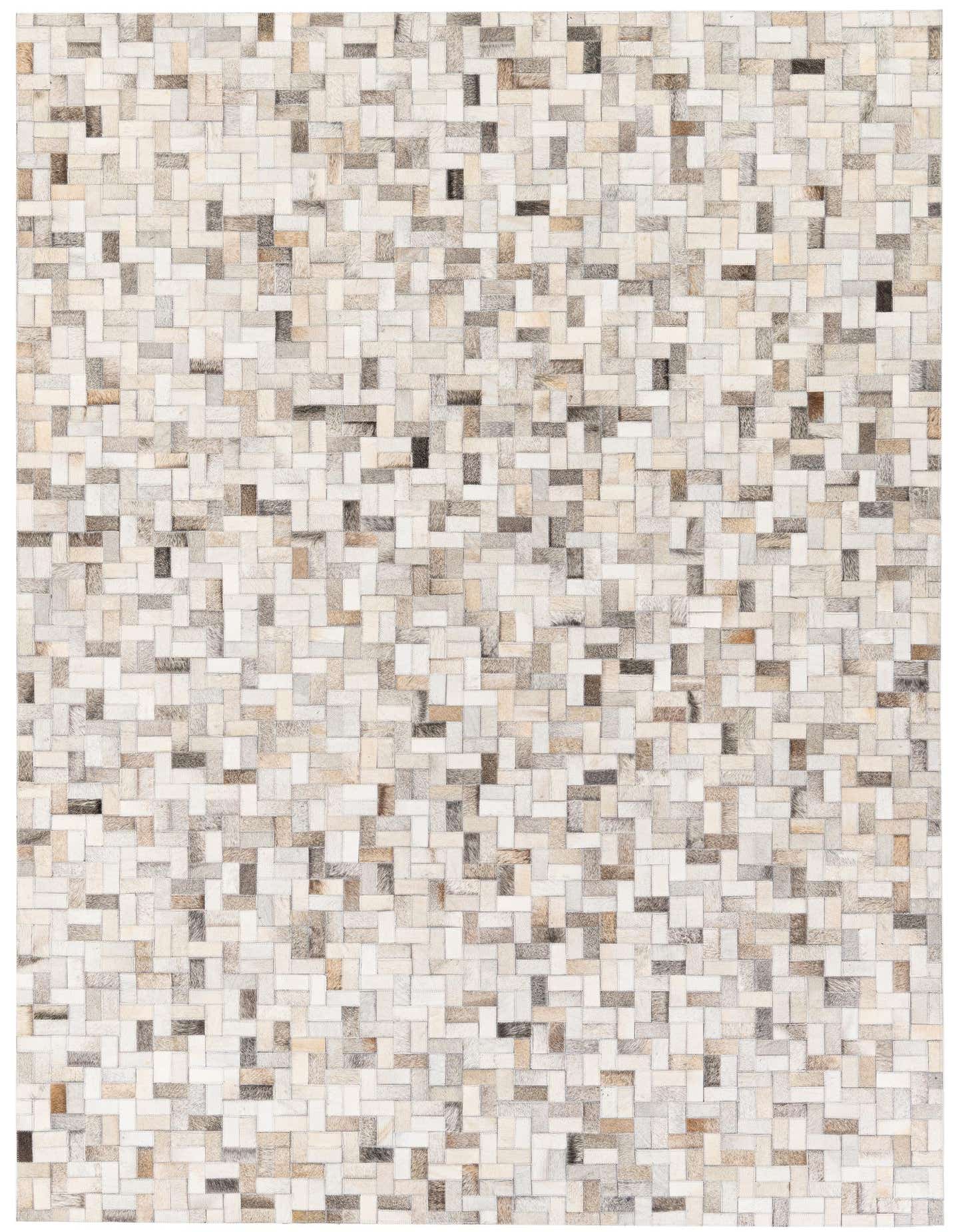 A rectangular 5x8 modern cowhide rug featuring a multi-colored patchwork pattern in shades of cream, beige, brown, and gray, suitable for a living room.