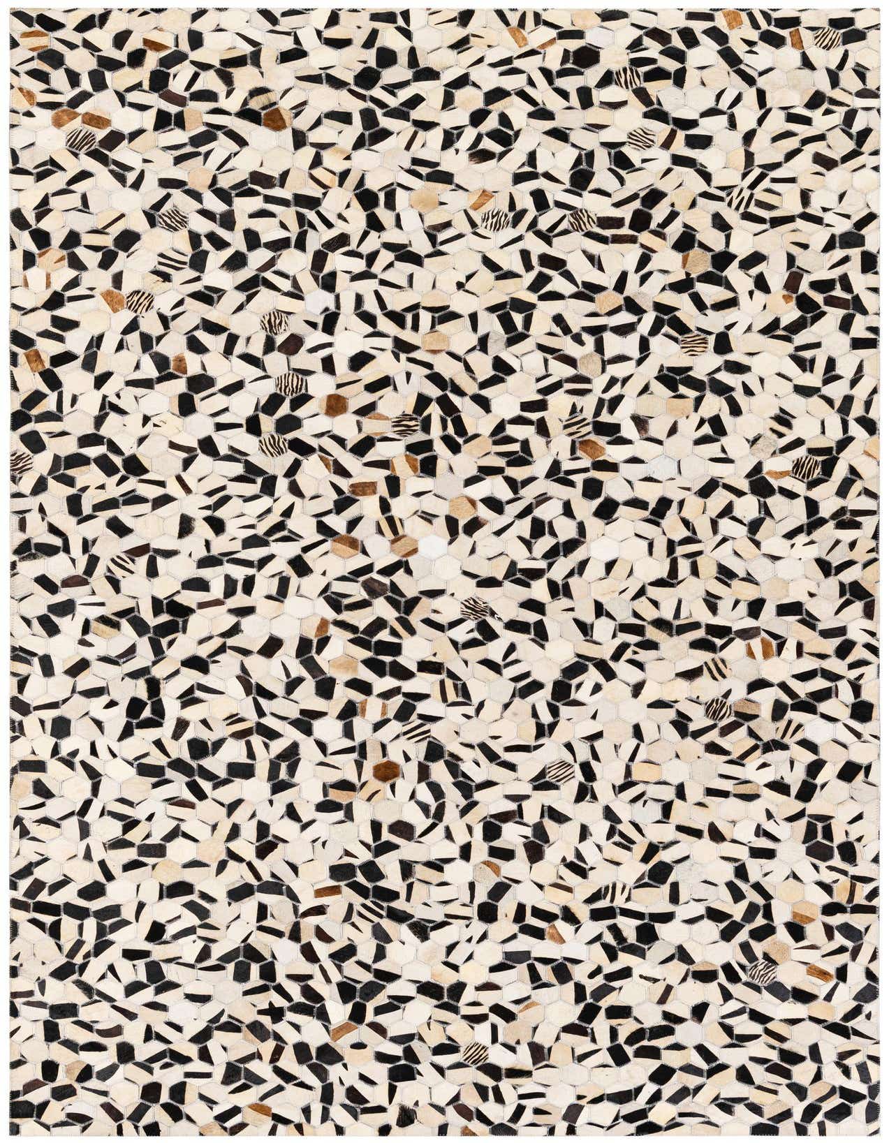 A 5x8 rectangular Cowhide Stocks rug by Rugs.com, featuring a modern, multi-colored mosaic pattern of black, cream, and brown cowhide patches, with some zebra print accents.