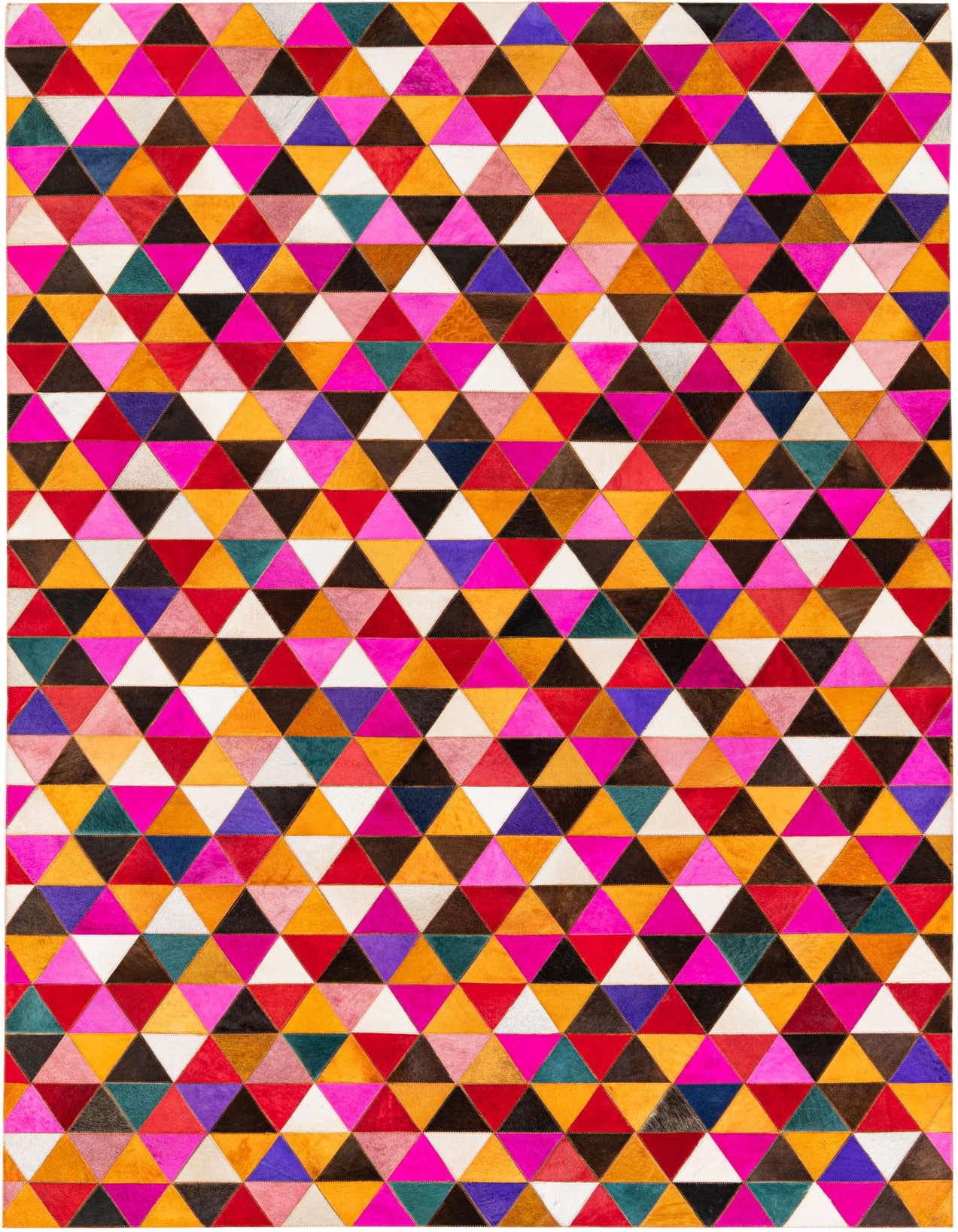A vibrant 5x8 rectangular cowhide rug featuring a modern geometric pattern of multi-colored triangles in shades of pink, orange, red, purple, brown, and white.