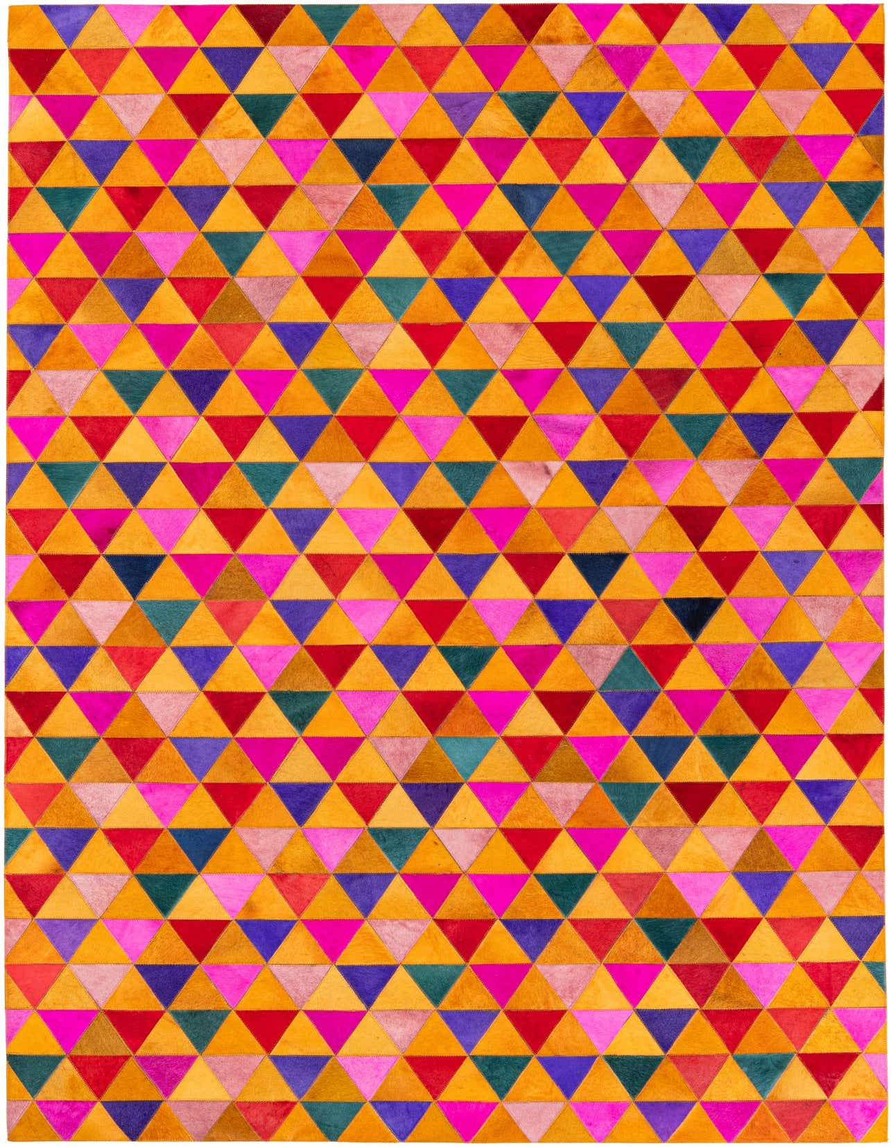 A 5x8 rectangular Cowhide Stocks rug featuring a vibrant multi-colored modern geometric triangle pattern, ideal for a living room.