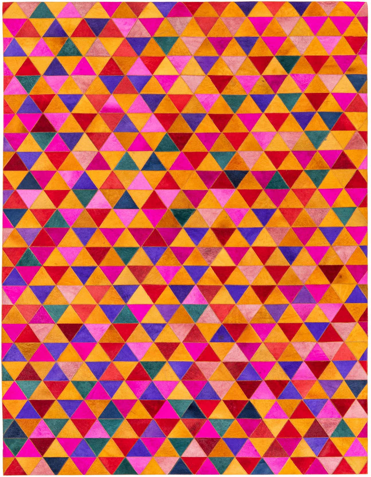 A vibrant 5x8 rectangular Cowhide Stocks rug featuring a modern geometric pattern of multi-colored triangles in various shades of pink, orange, red, purple, and green.