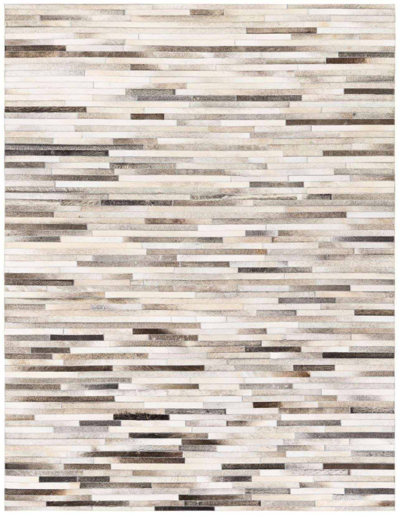 A 5x8 rectangular Cowhide Stocks rug featuring a modern patchwork of multi-colored natural cowhide and leather strips in varying shades of brown, beige, and white.