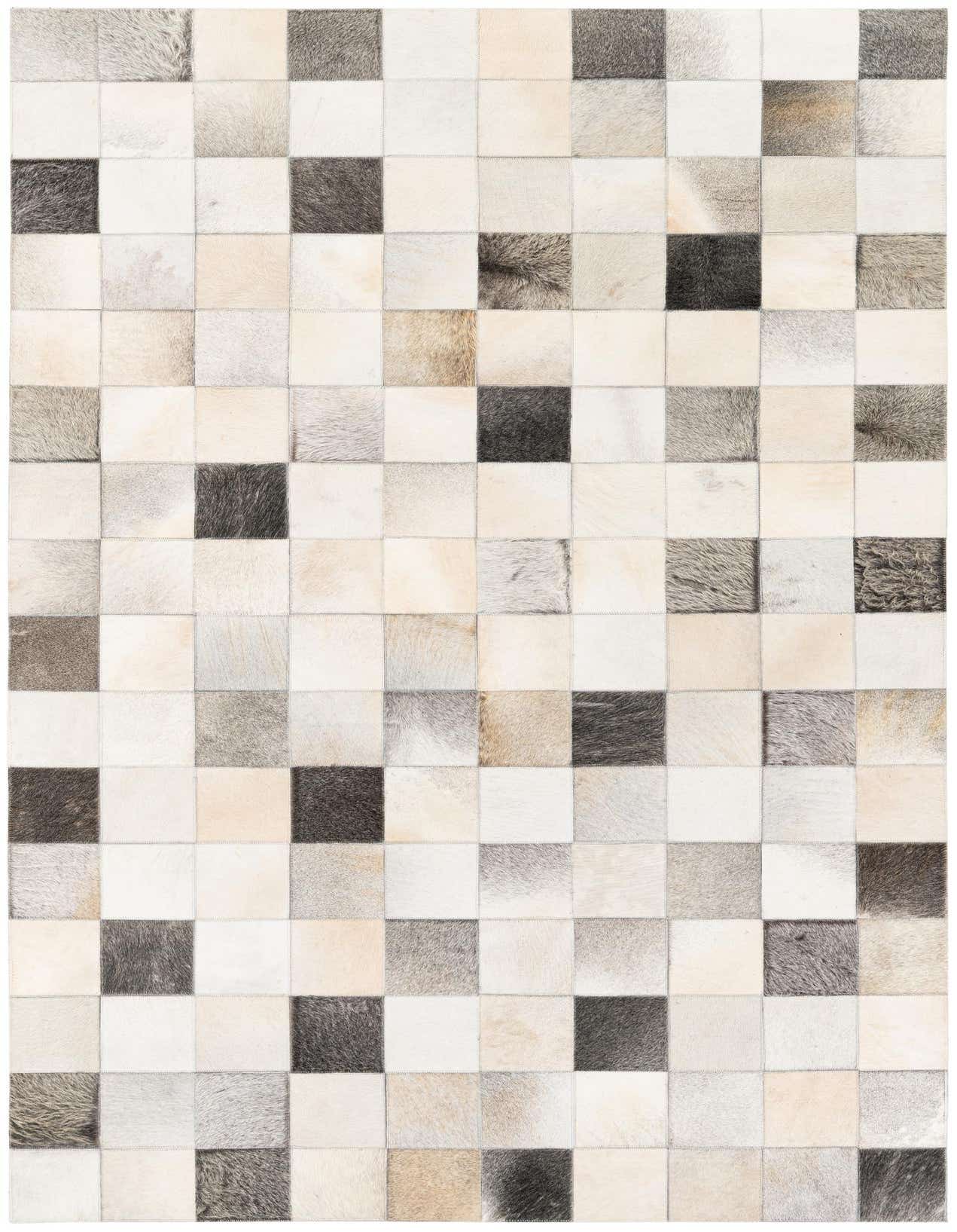 A 5x8 rectangular Cowhide Stocks rug featuring a modern patchwork of multi-colored cowhide squares in shades of white, beige, grey, and black.
