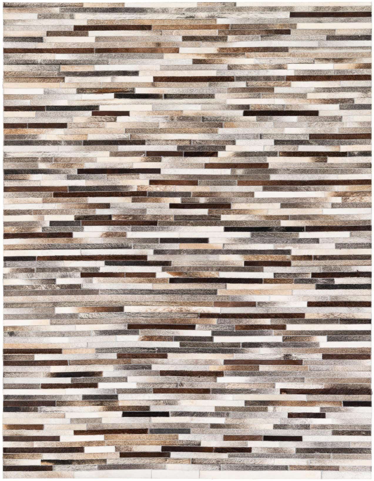 A rectangular 5x8 modern cowhide rug featuring a multi-colored stripe pattern in various shades of brown, beige, white, and gray.