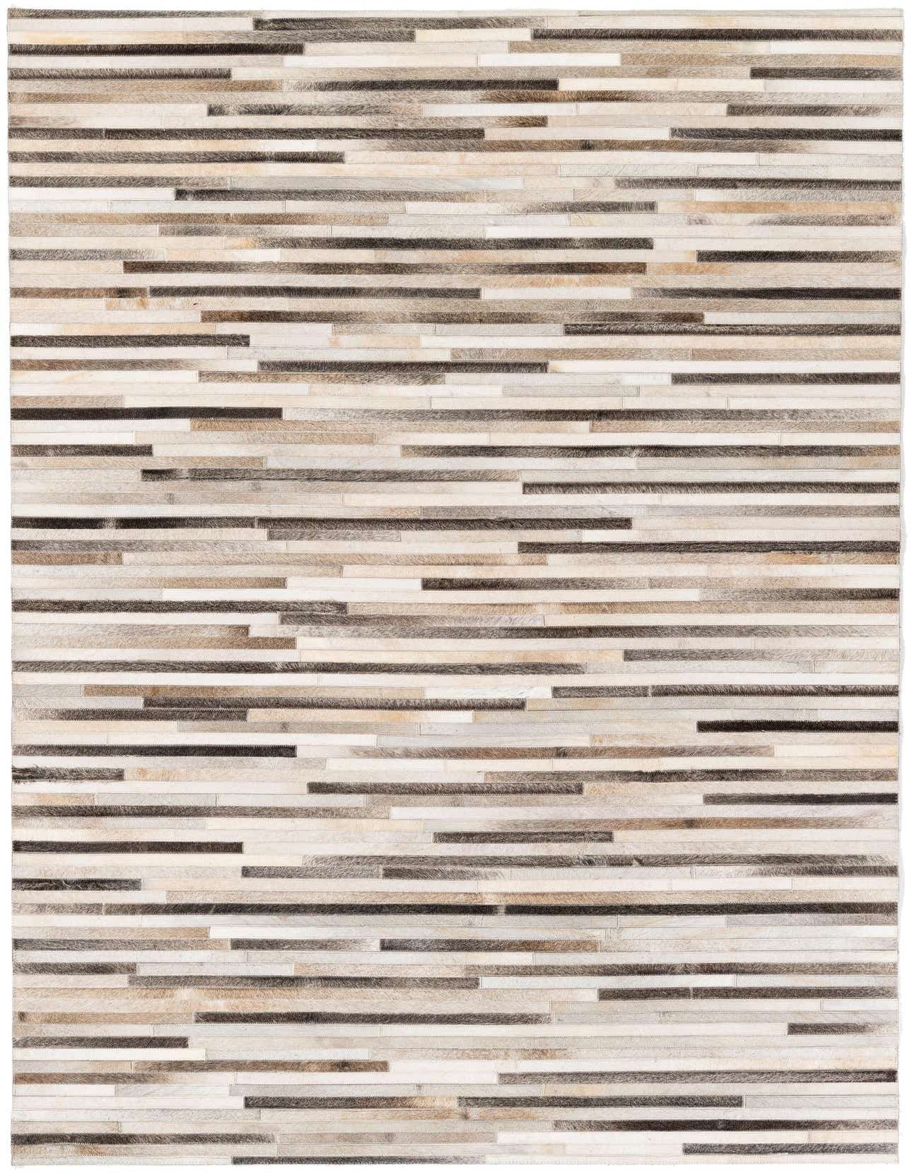A 5x8 rectangular Cowhide Stocks rug featuring a modern stripe pattern in multi-colored natural cowhide and leather.