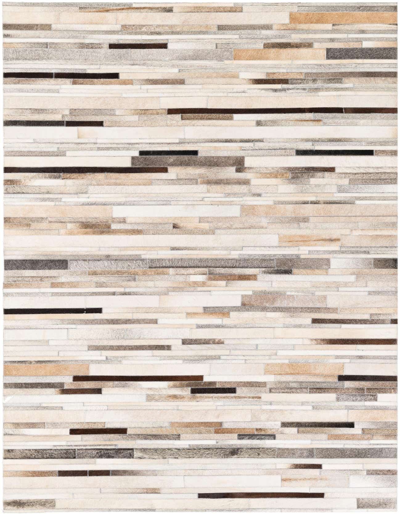 A 5x8 rectangular Cowhide Stocks rug featuring a modern stripe pattern in multi-colored natural cowhide and leather, ideal for a living room.